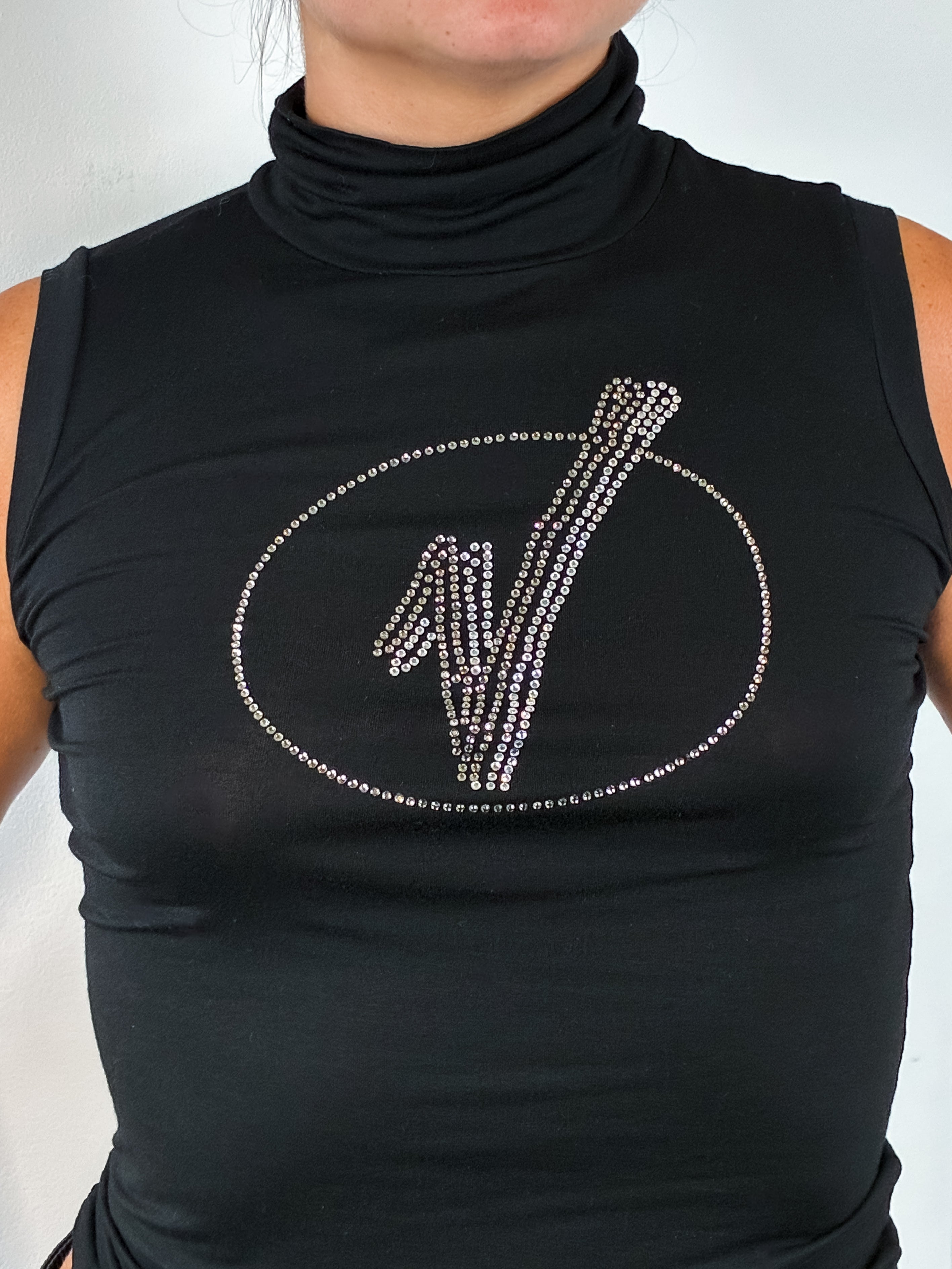 2000s Black Rhinestone Sleeveless Turtleneck Top - M