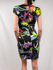 Just Cavalli 2000s Black Neon Tropical Floral Print Bodycon Mini Dress - M