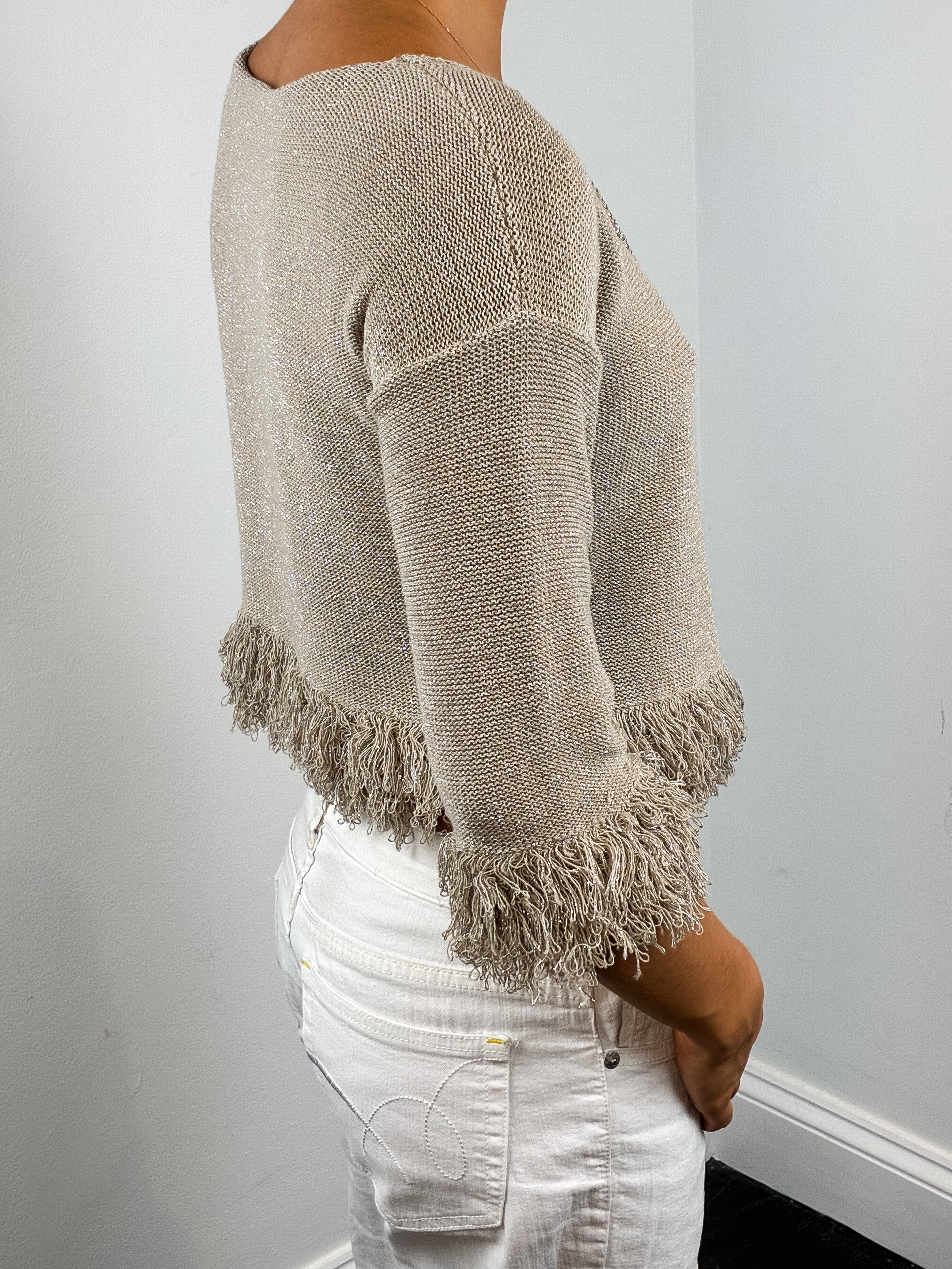 Cristinaeffe 2000s Beige Metallic Knit Fringe Cropped Cardigan - M