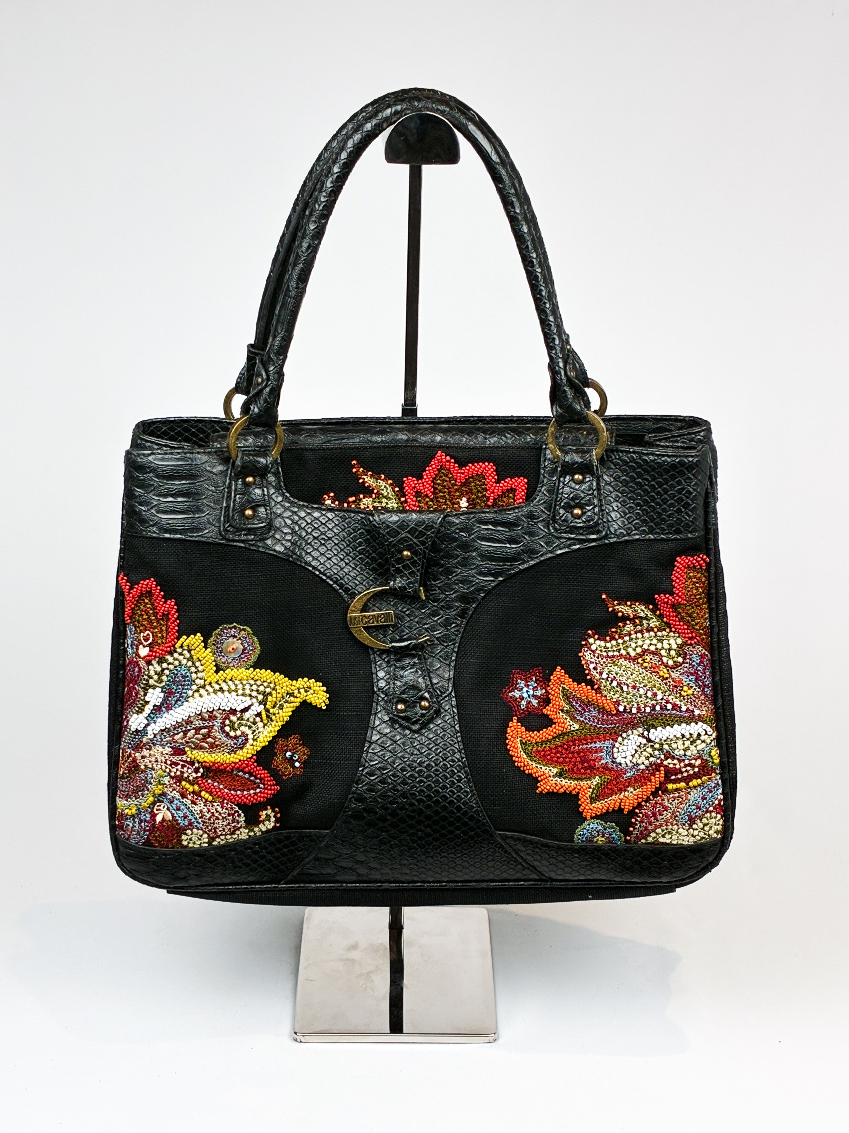 Just Cavalli 2000s Black Beaded Paisley Tote Bag