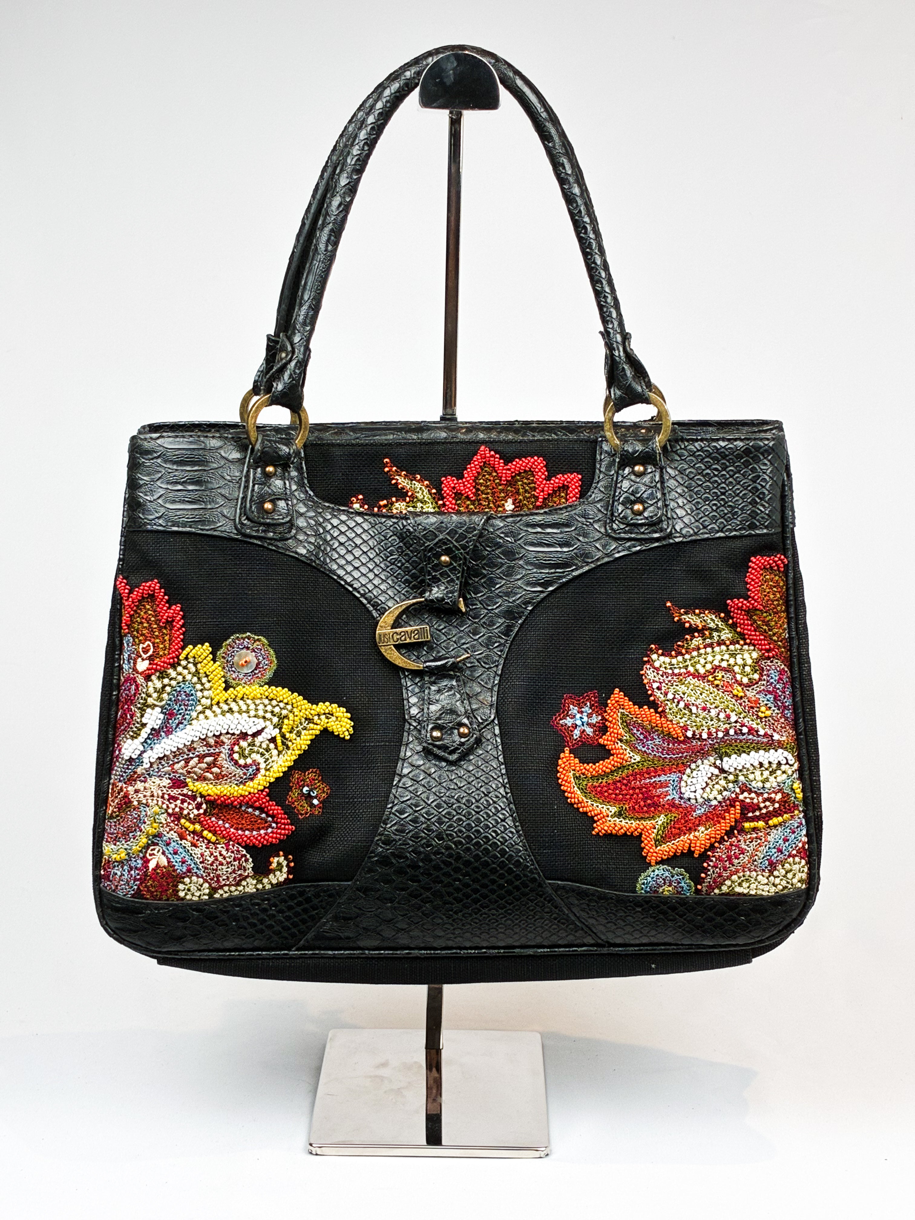 Just Cavalli 2000s Black Beaded Paisley Tote Bag