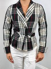 Naracamicie 2000s Black Cream Plaid Shawl Collar Tie-Waist Blouse - S