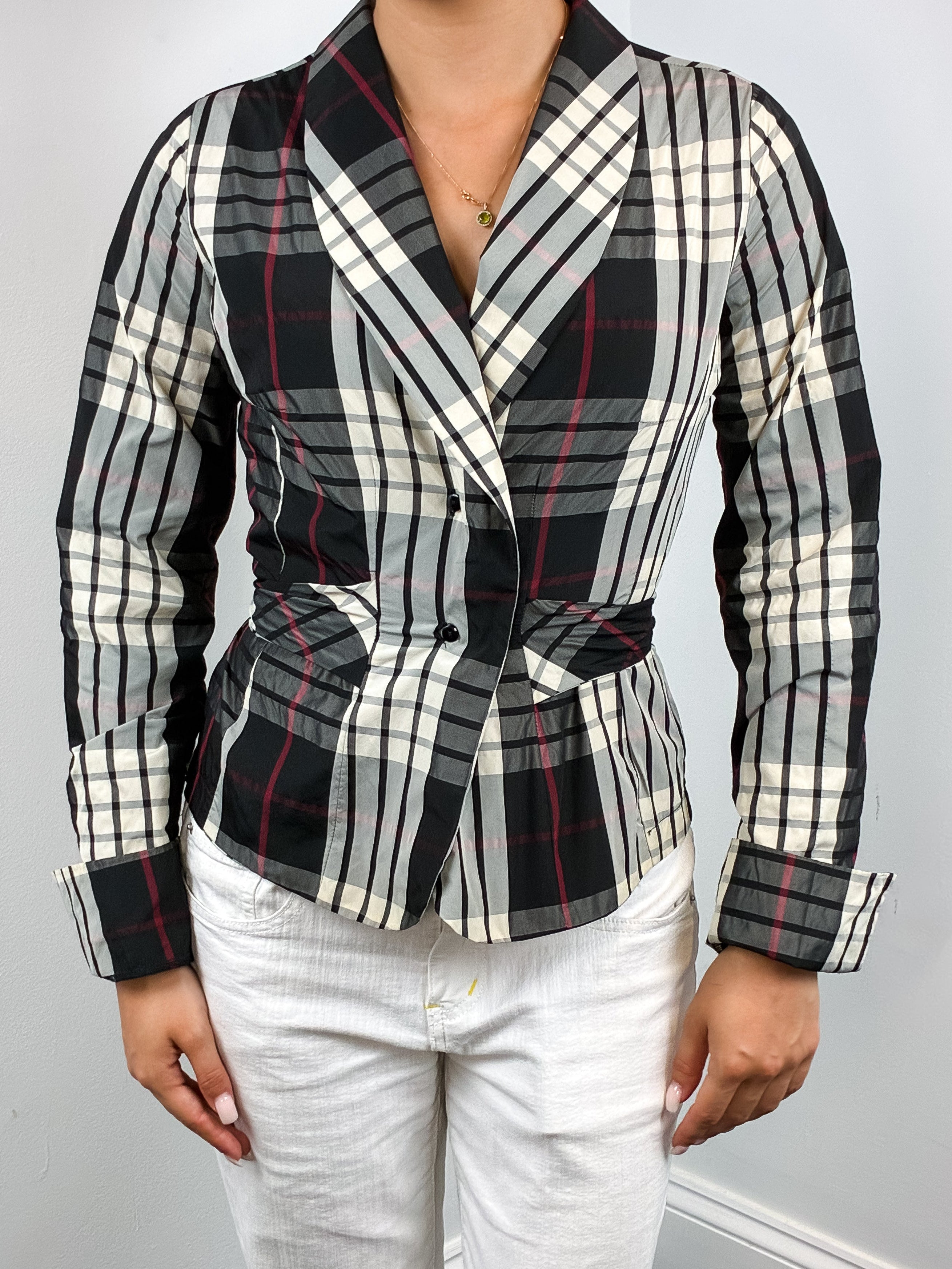 Naracamicie 2000s Black Cream Plaid Shawl Collar Tie-Waist Blouse - S