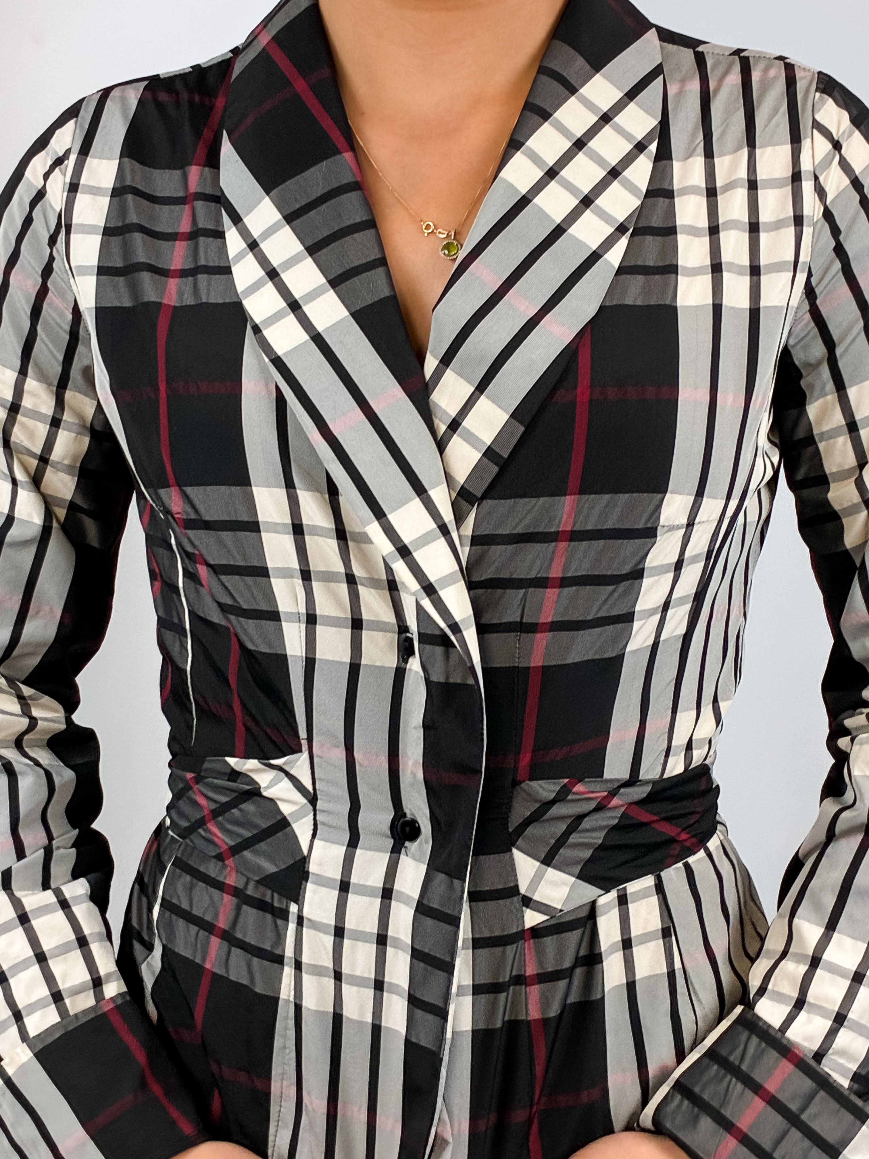 Naracamicie 2000s Black Cream Plaid Shawl Collar Tie-Waist Blouse - S