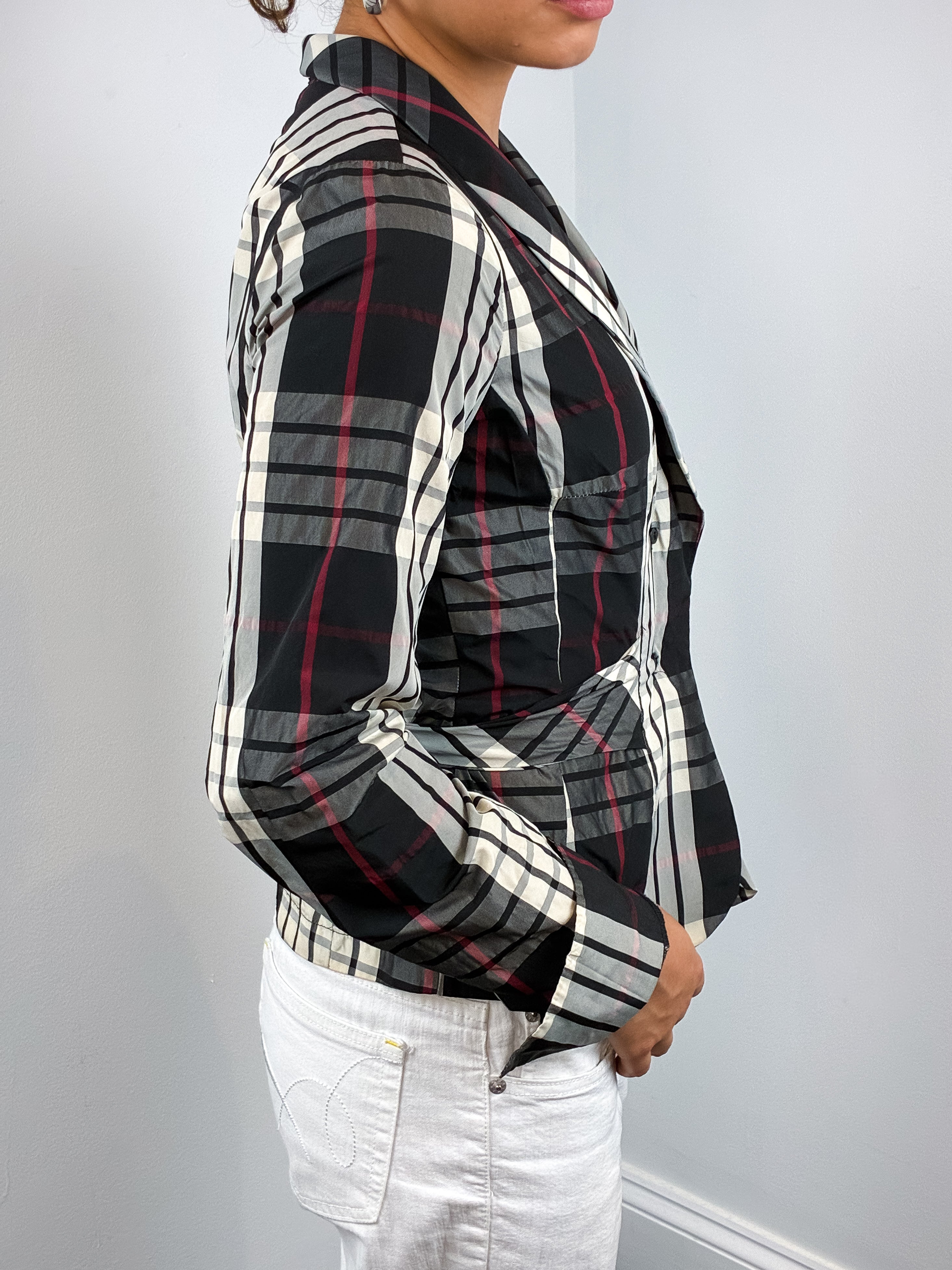Naracamicie 2000s Black Cream Plaid Shawl Collar Tie-Waist Blouse - S