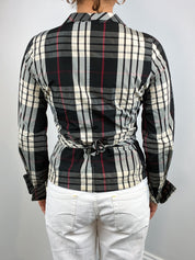Naracamicie 2000s Black Cream Plaid Shawl Collar Tie-Waist Blouse - S