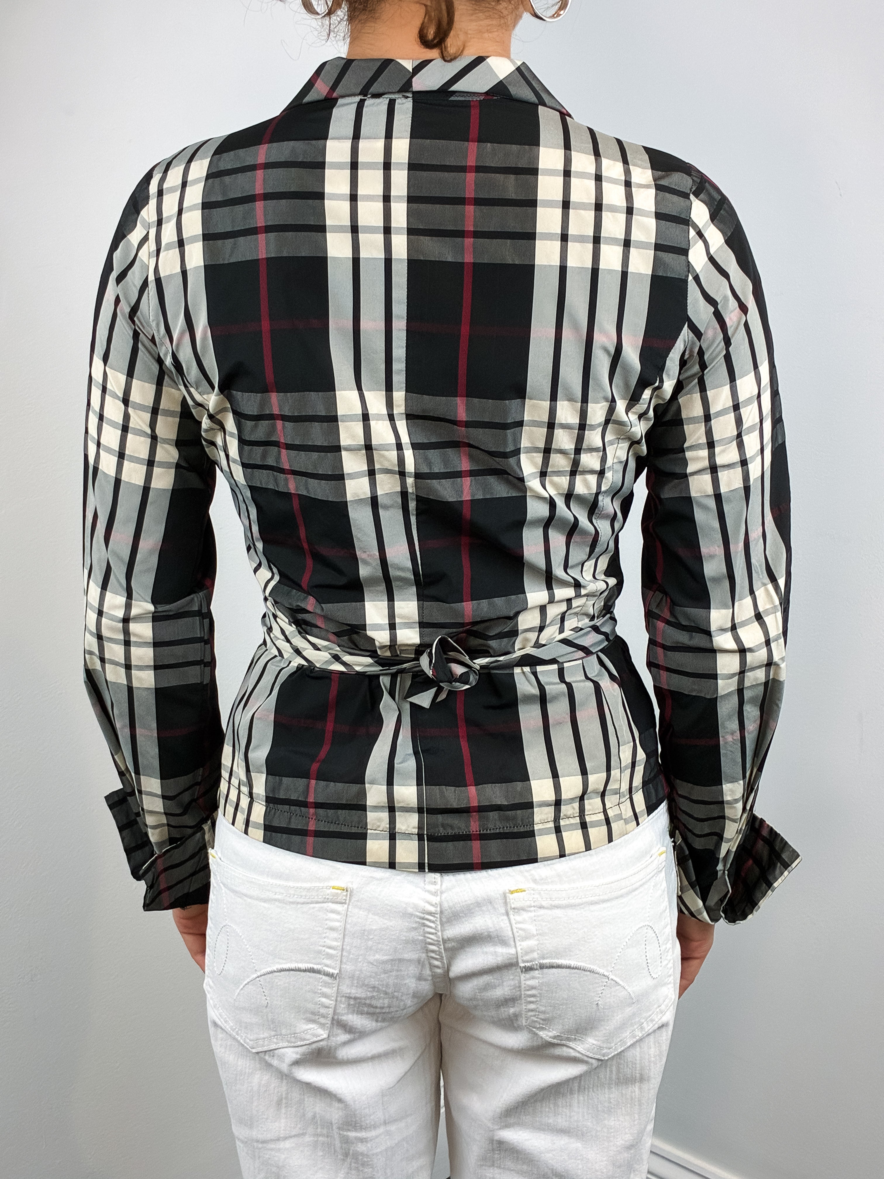 Naracamicie 2000s Black Cream Plaid Shawl Collar Tie-Waist Blouse - S