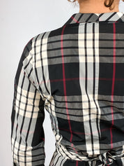 Naracamicie 2000s Black Cream Plaid Shawl Collar Tie-Waist Blouse - S