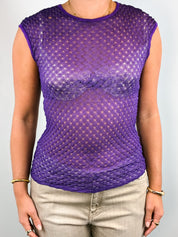 Missoni 2000s Purple Sheer Pointelle Knit Cap Sleeve Top - S-XL