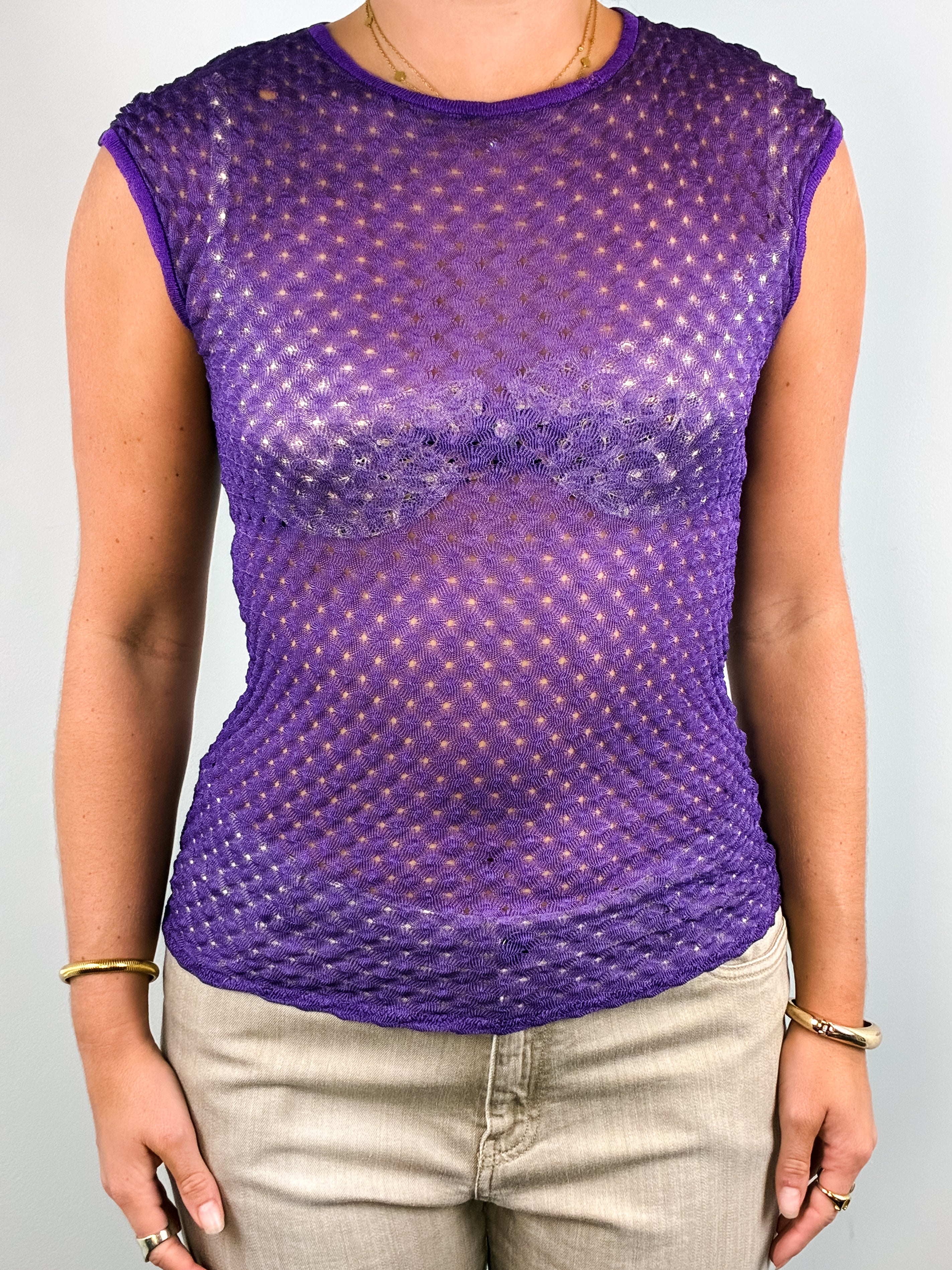Missoni 2000s Purple Sheer Pointelle Knit Cap Sleeve Top - S-XL