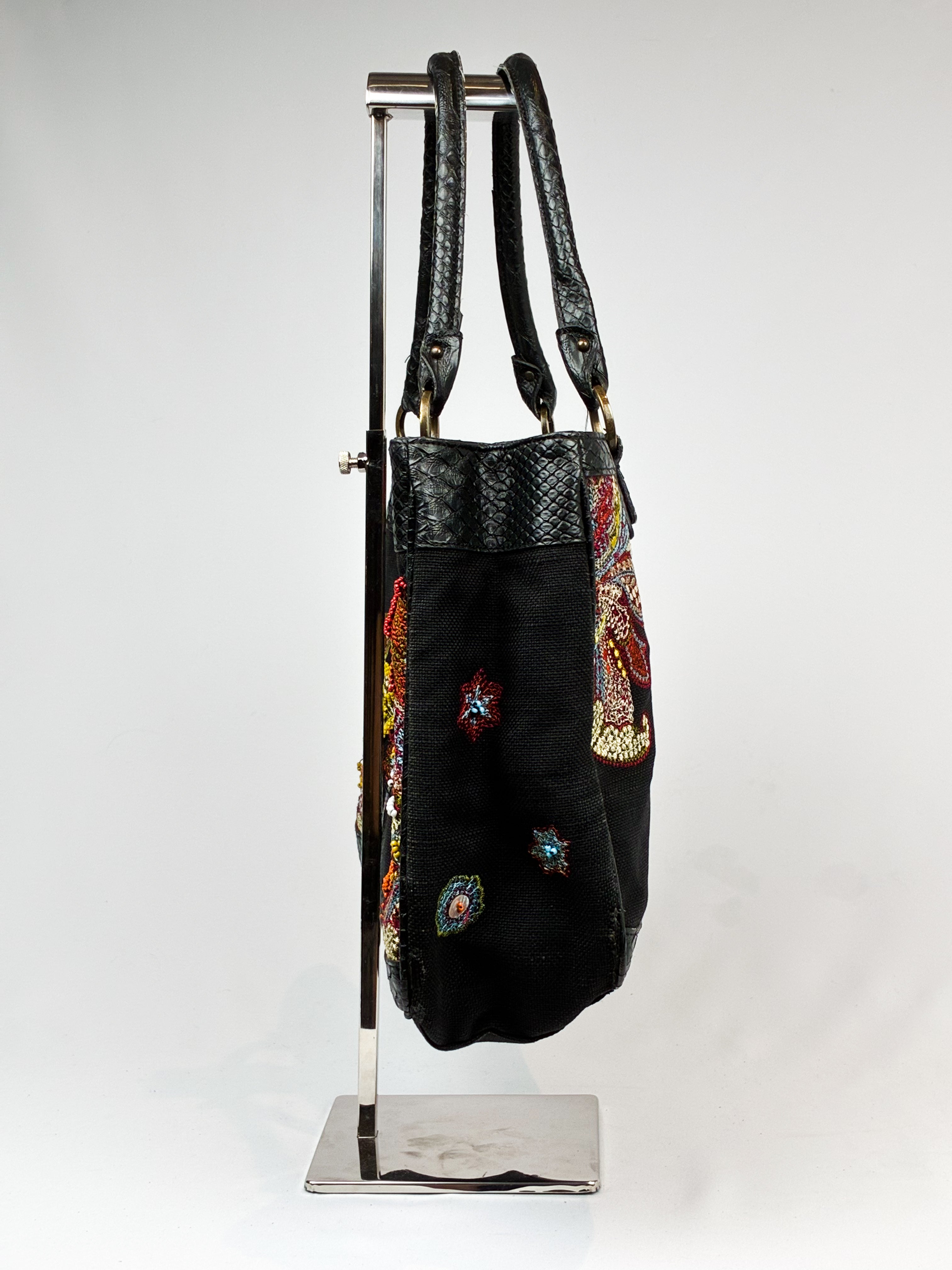 Just Cavalli 2000s Black Beaded Paisley Tote Bag