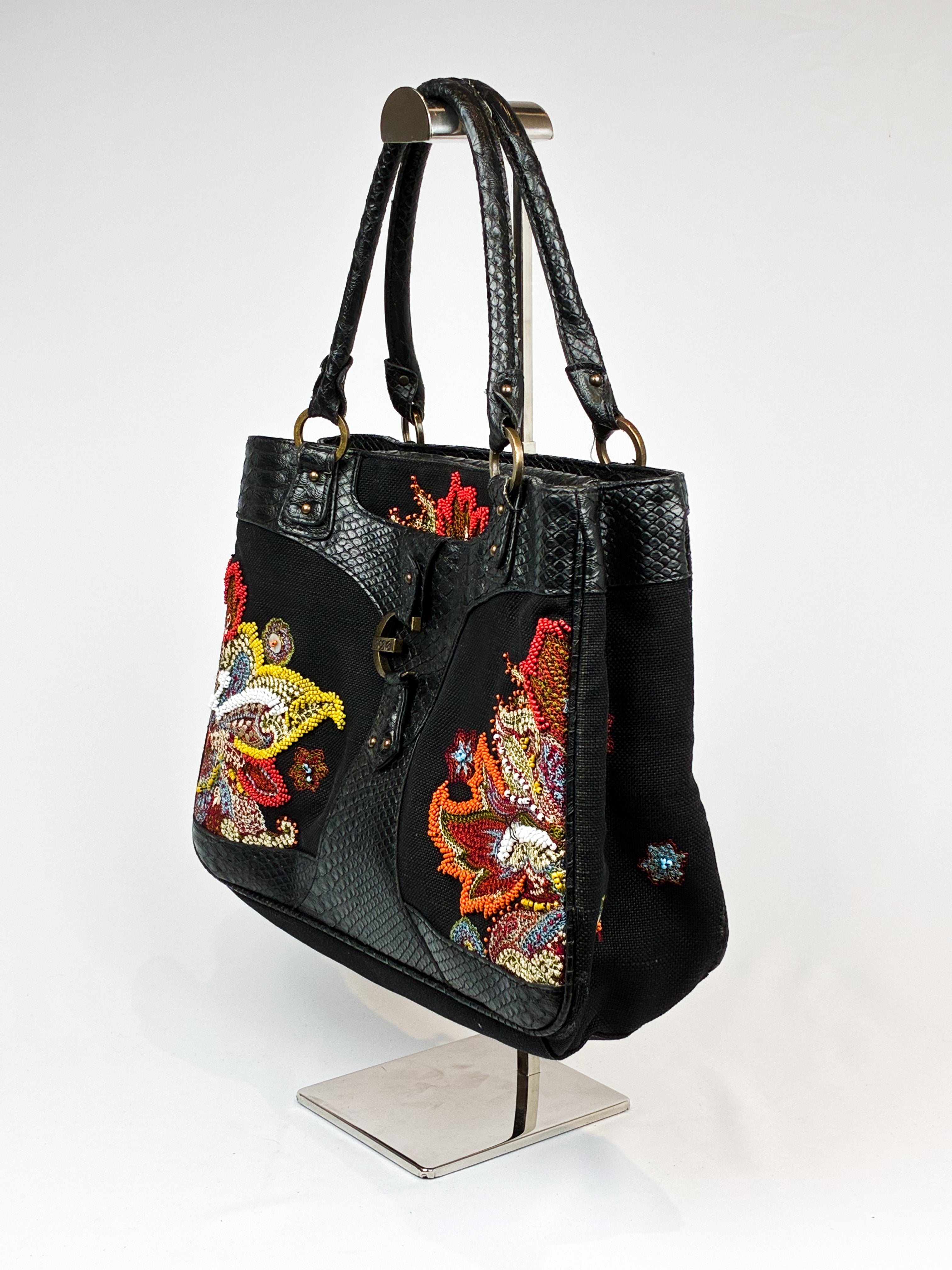 Just Cavalli 2000s Black Beaded Paisley Tote Bag