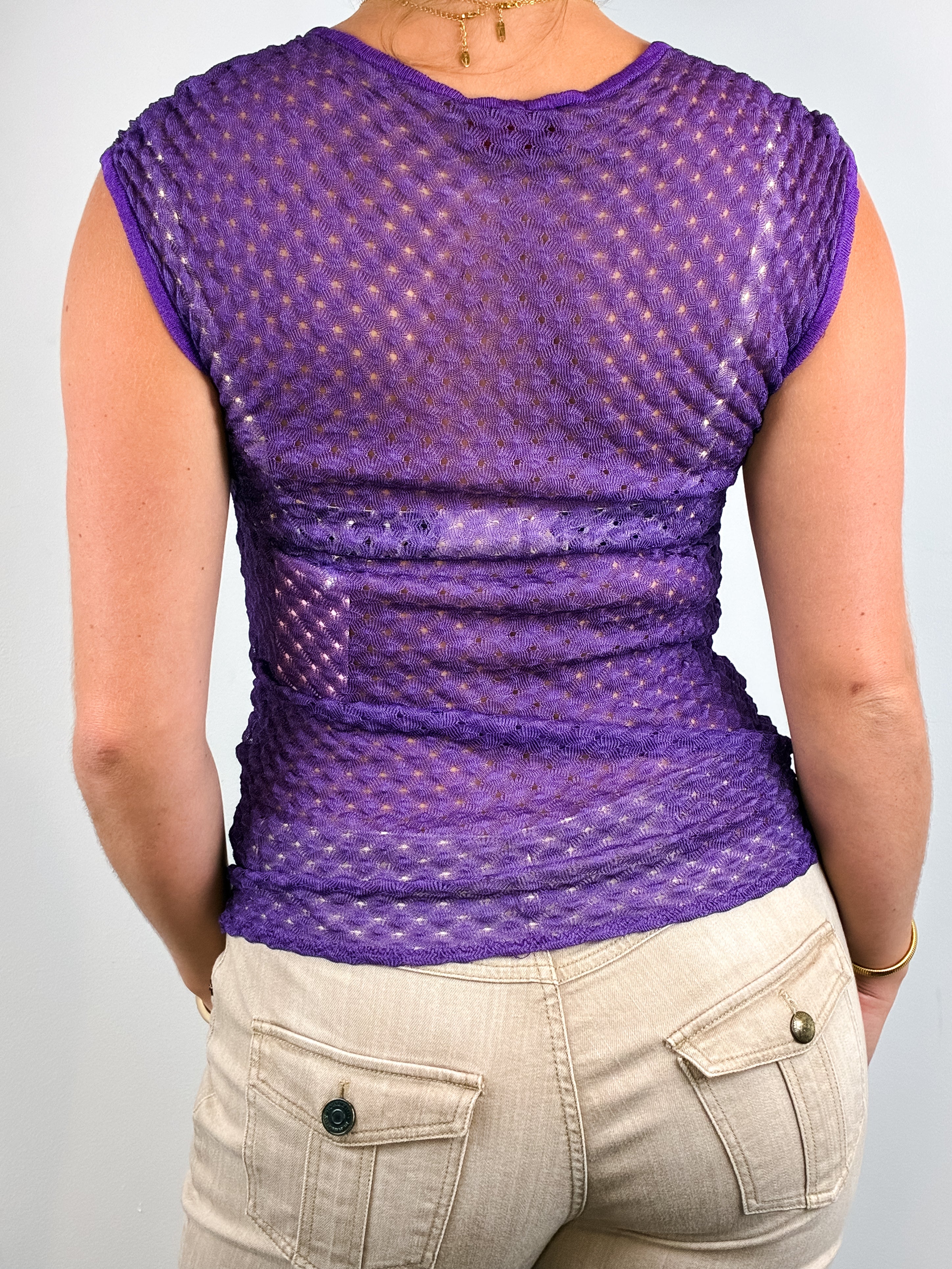Missoni 2000s Purple Sheer Pointelle Knit Cap Sleeve Top - S-XL