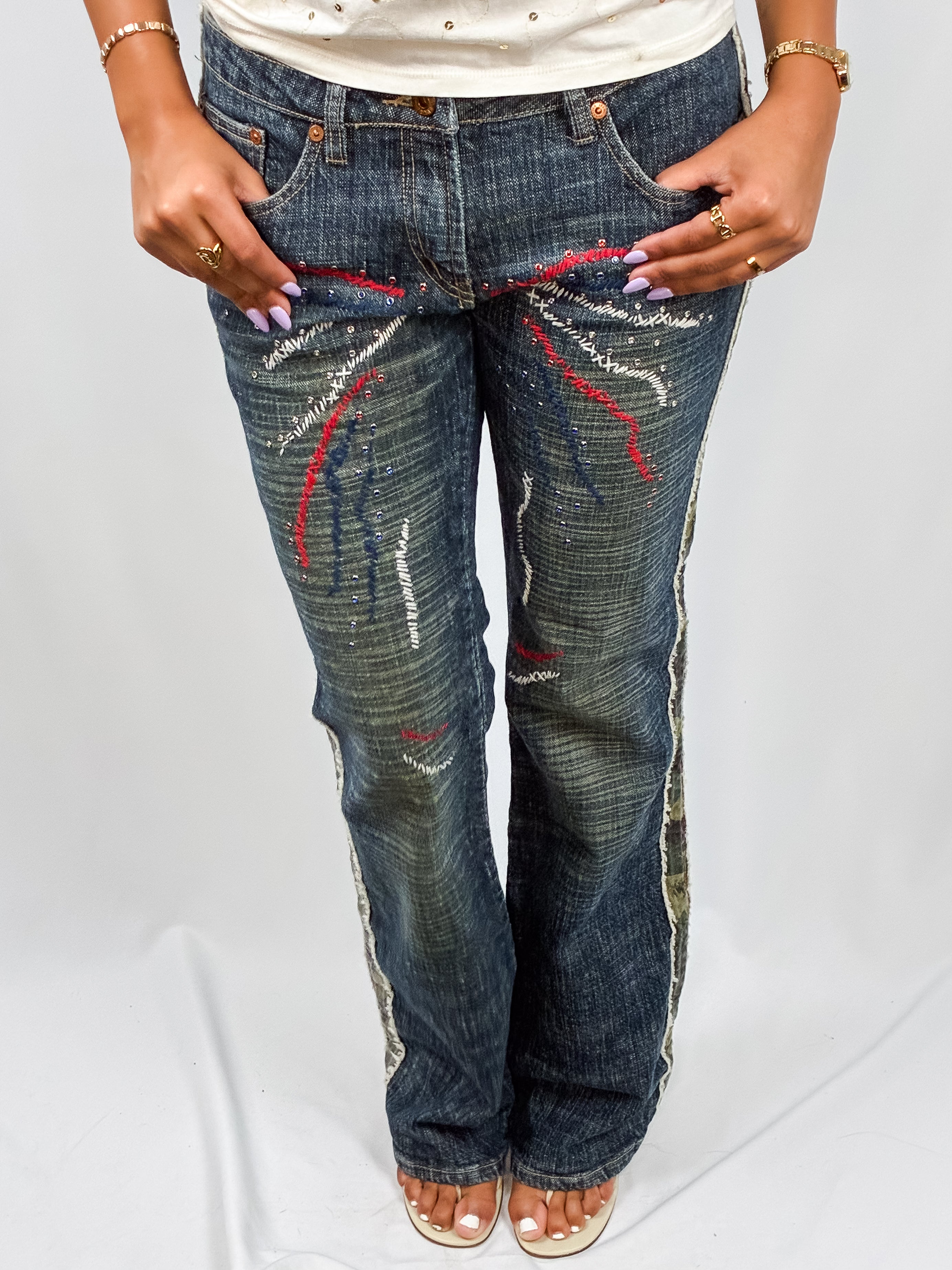 Parasuco 2000s Camo Panel Embroidered Flare Jeans - W30