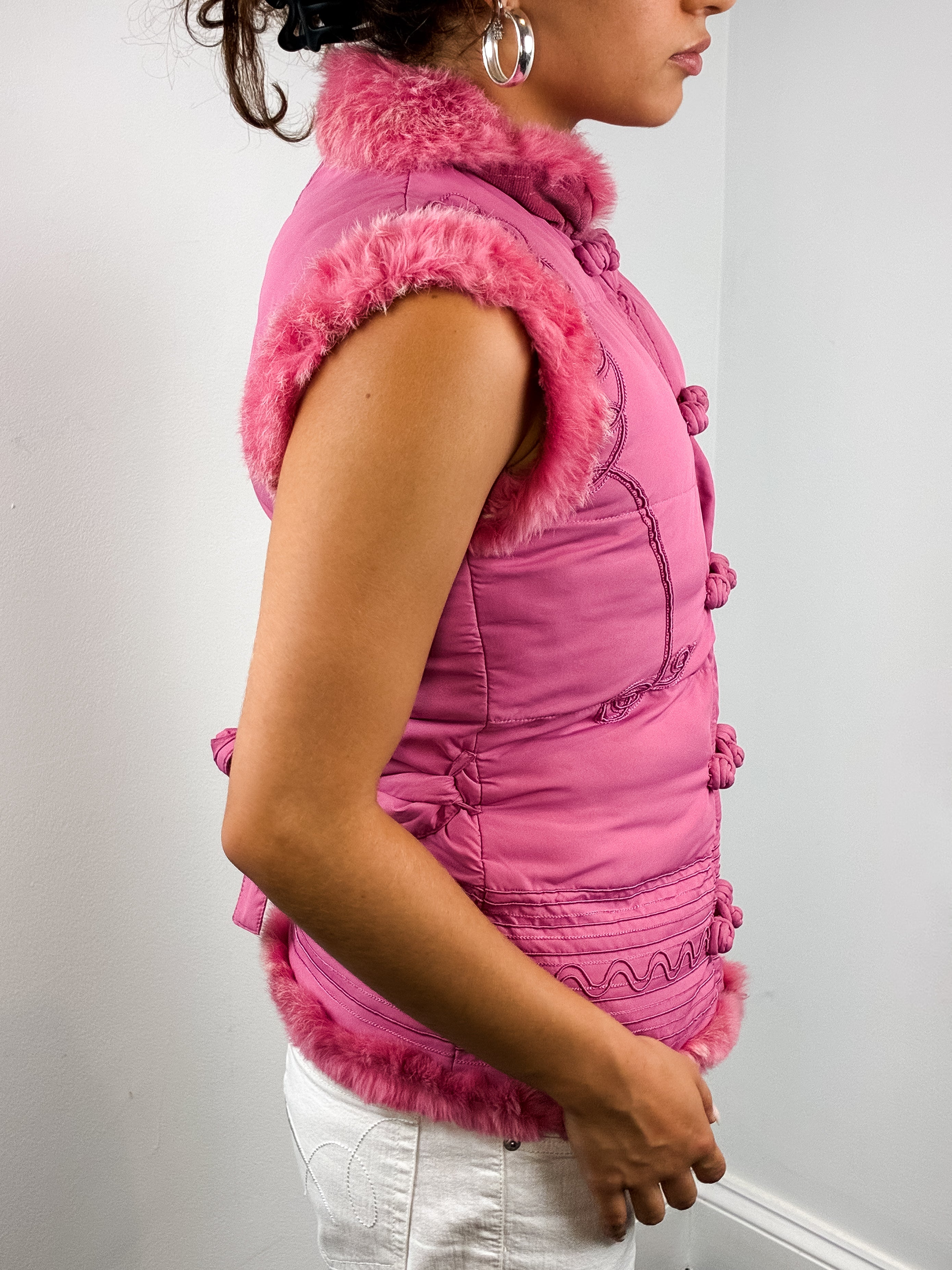 Class Roberto Cavalli 2000s Pink Fur-Trim Puffer Vest - S