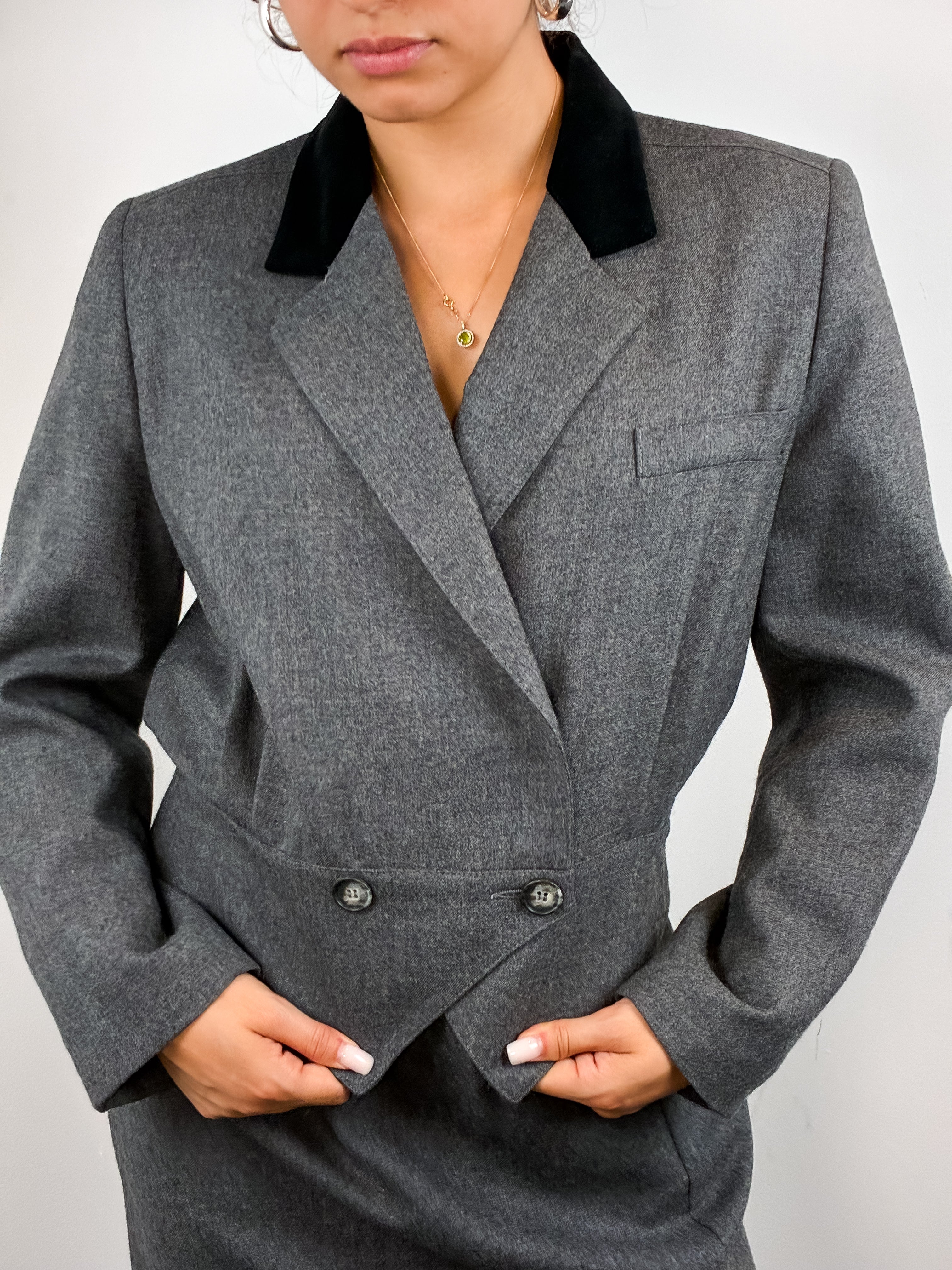 Christian Dior Petites 1980s Grey Flannel Blazer and Skirt Set - XS