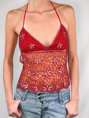 2000s Red Floral Beaded Mesh Halter Top - XS-M
