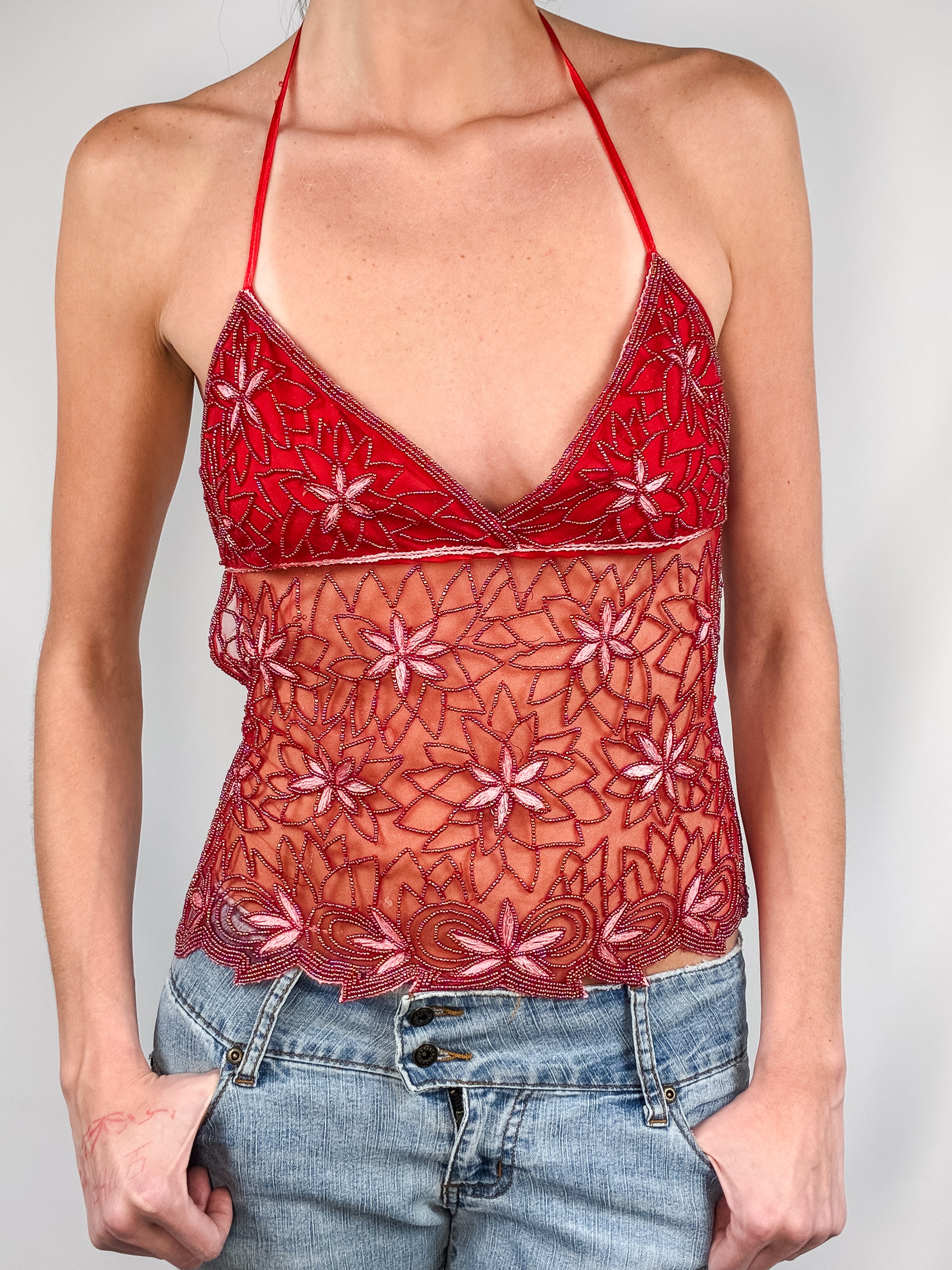 2000s Red Floral Beaded Mesh Halter Top - XS-M