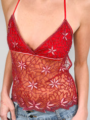 2000s Red Floral Beaded Mesh Halter Top - XS-M