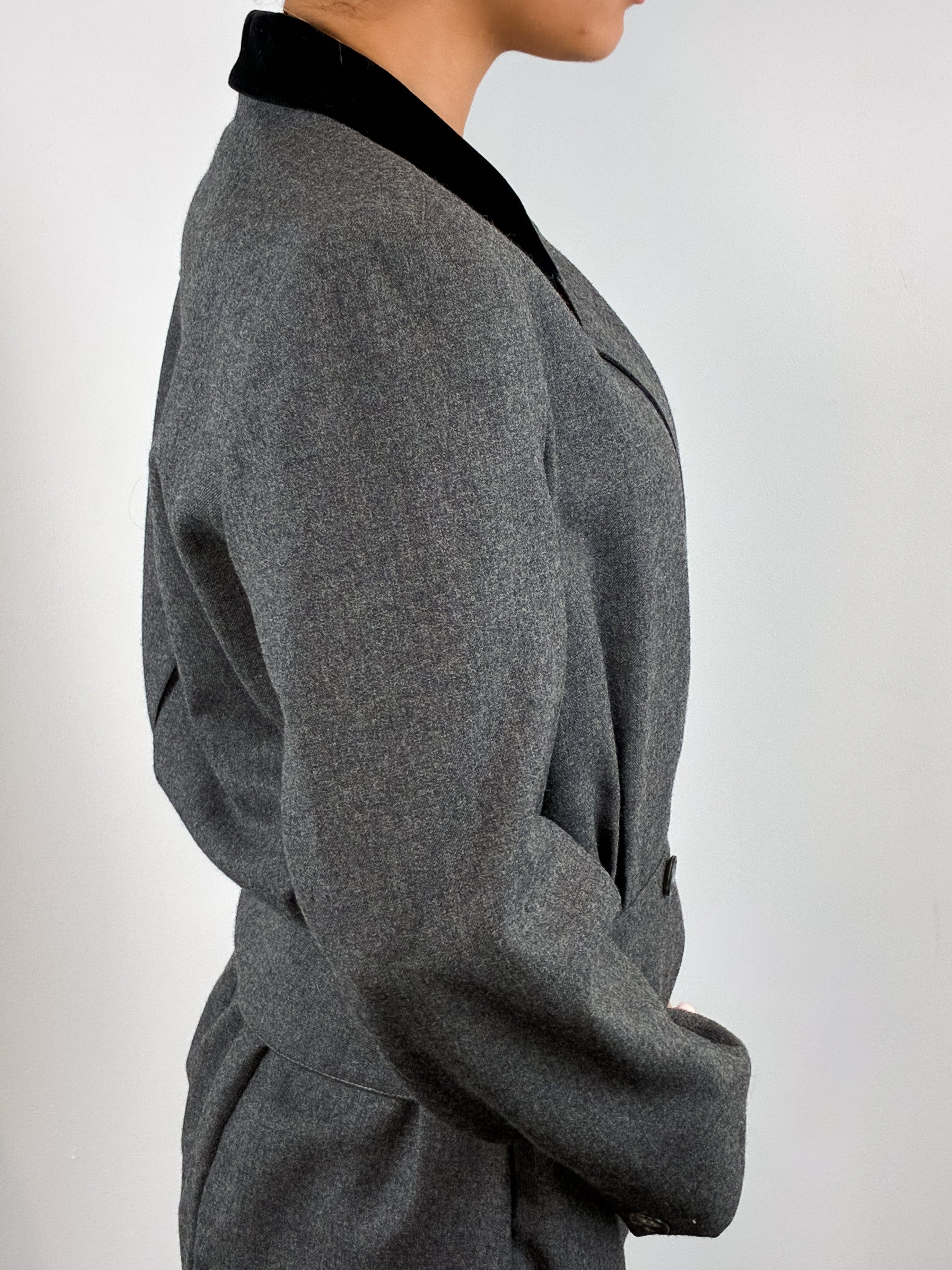 Christian Dior Petites 1980s Grey Flannel Blazer and Skirt Set - XS