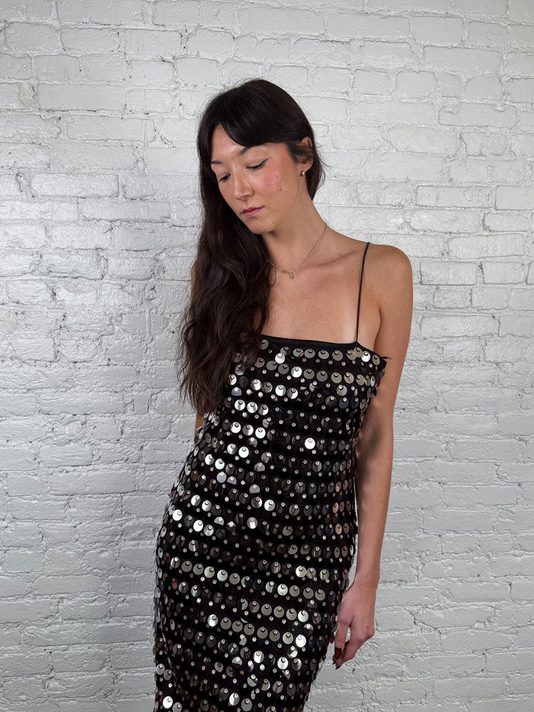 black disc dress Black Sequin Halter Mini Dress