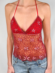 2000s Red Floral Beaded Mesh Halter Top - XS-M