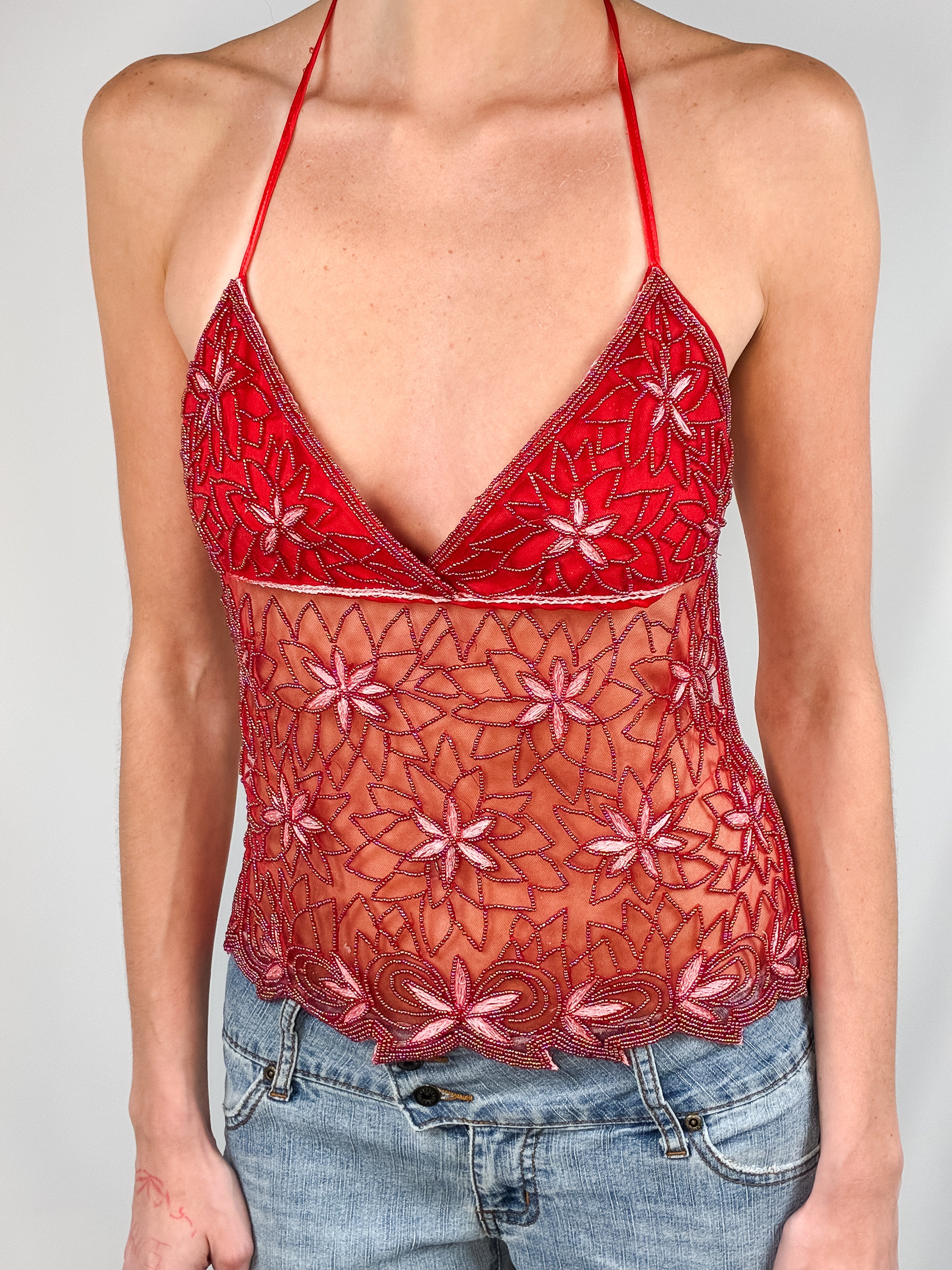 2000s Red Floral Beaded Mesh Halter Top - XS-M