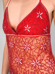 2000s Red Floral Beaded Mesh Halter Top - XS-M