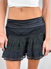 Patrizia Pepe Firenze 2000s Black Satin and Mesh Tiered Low Rise Mini Skirt - M