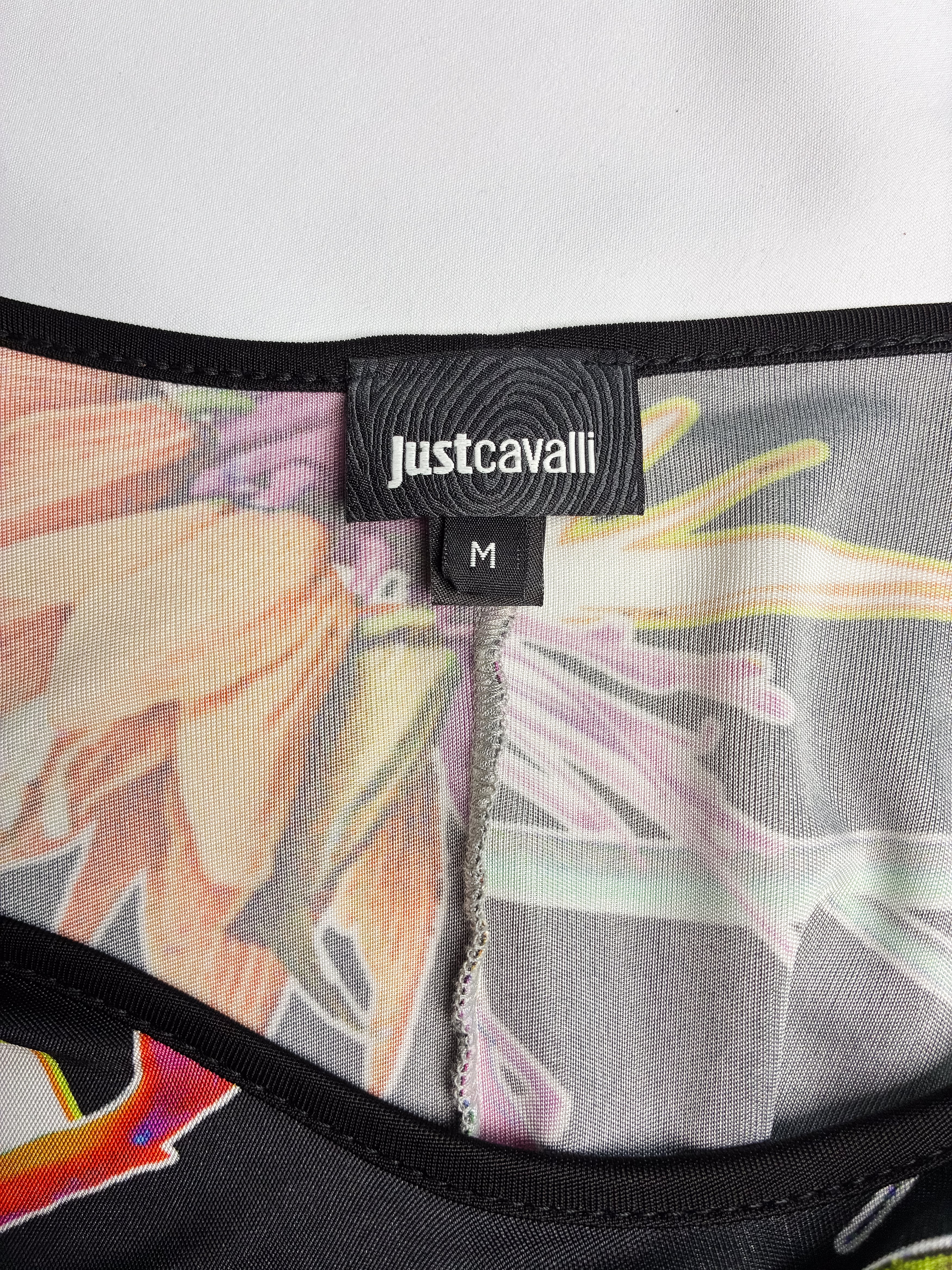 Just Cavalli 2000s Black Neon Tropical Floral Print Bodycon Mini Dress - M