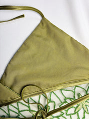 2000s Olive Green Beaded Floral Mesh Wrap Halter Top - XS-M