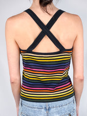 Sonia Rykiel Paris 2000s Multicolor Stripe Rhinestone Logo Cross-Back Tank - M