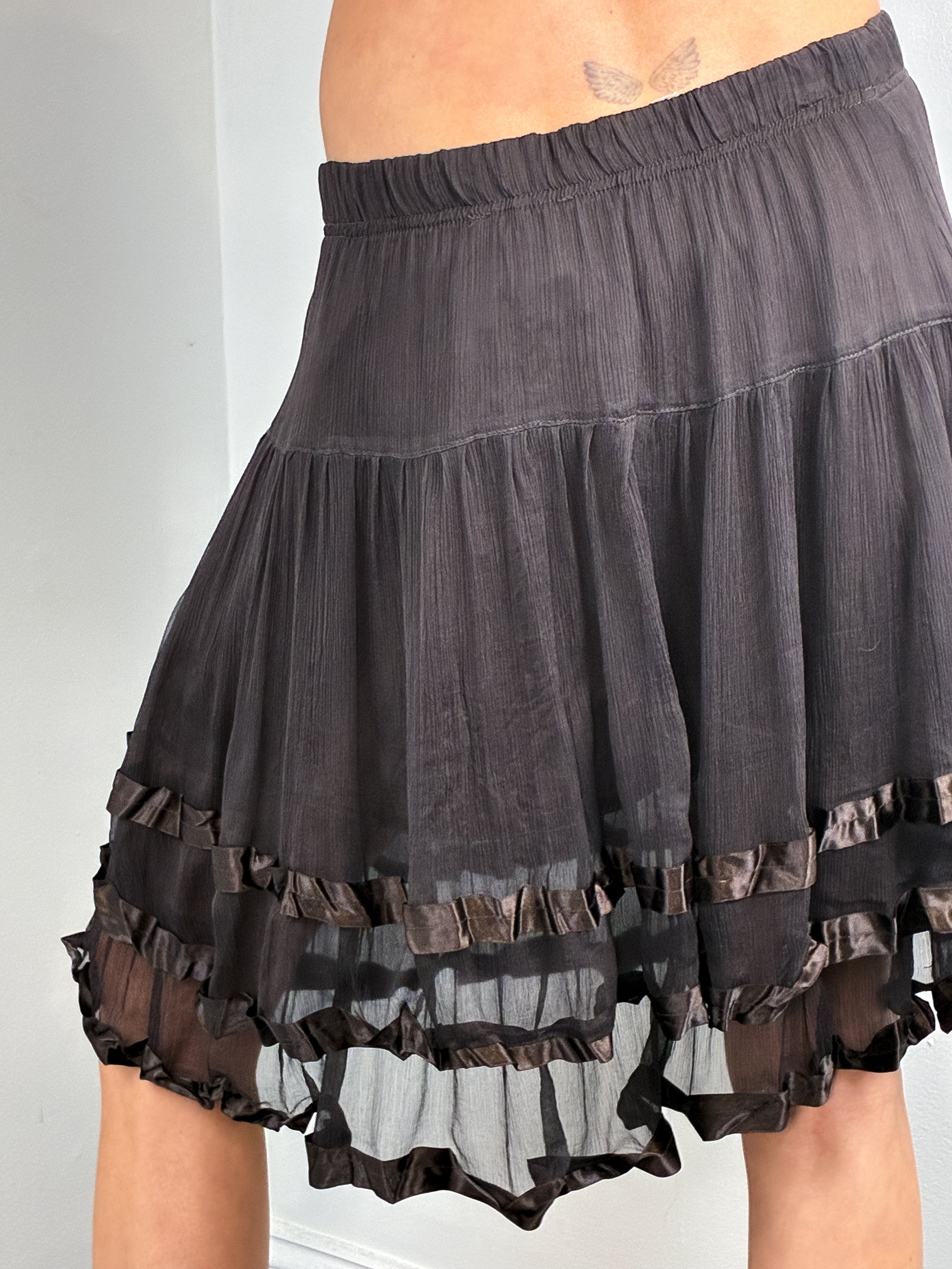 Germano Zama 2000s Brown Silk Chiffon Tiered Ruffle Skirt - L-XL