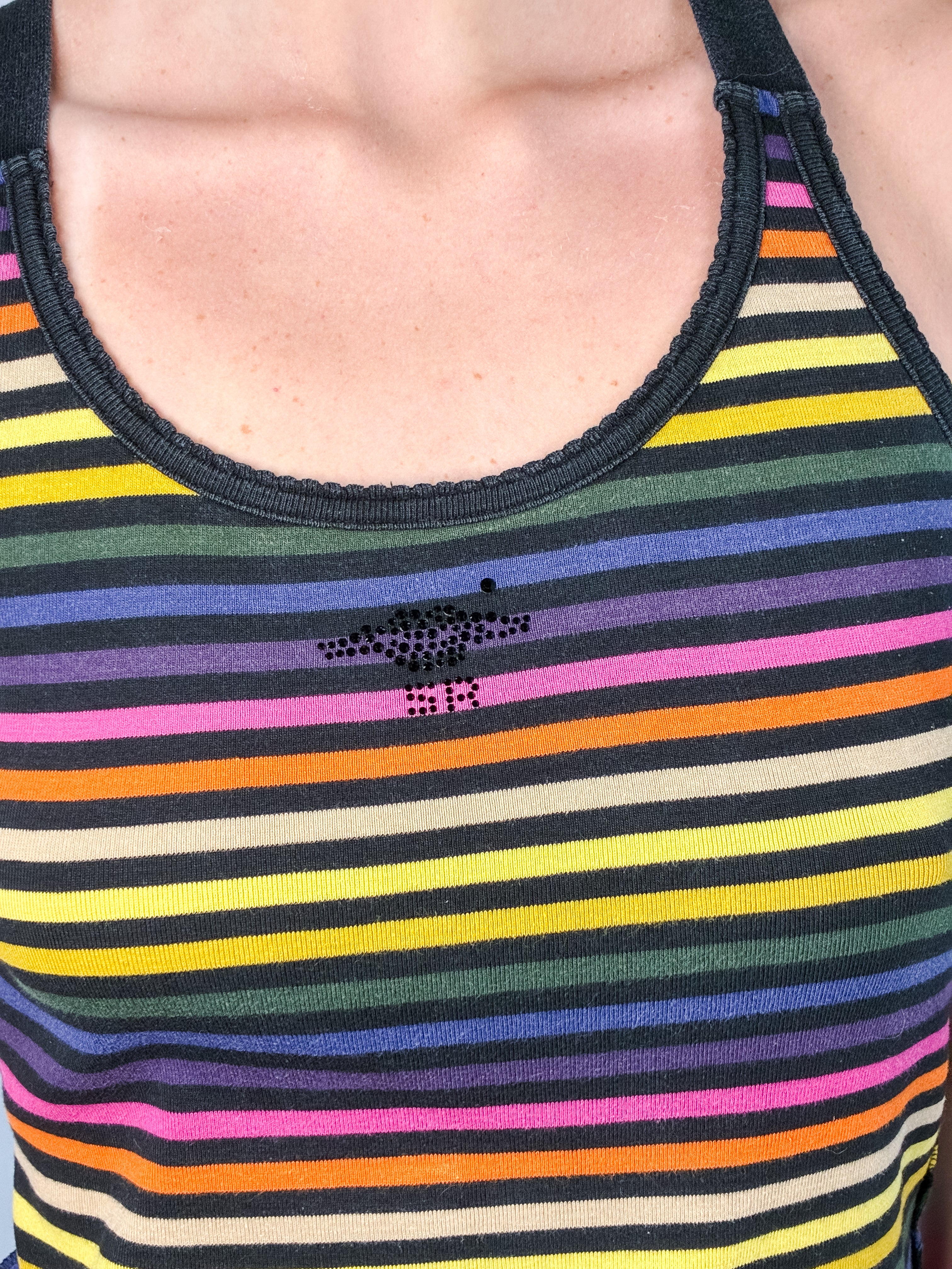 Sonia Rykiel Paris 2000s Multicolor Stripe Rhinestone Logo Cross-Back Tank - M
