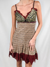 2000s Velvet Leopard and Striped Dress with Red Trim - S/M