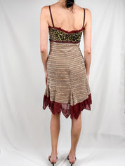 2000s Velvet Leopard and Striped Dress with Red Trim - S/M
