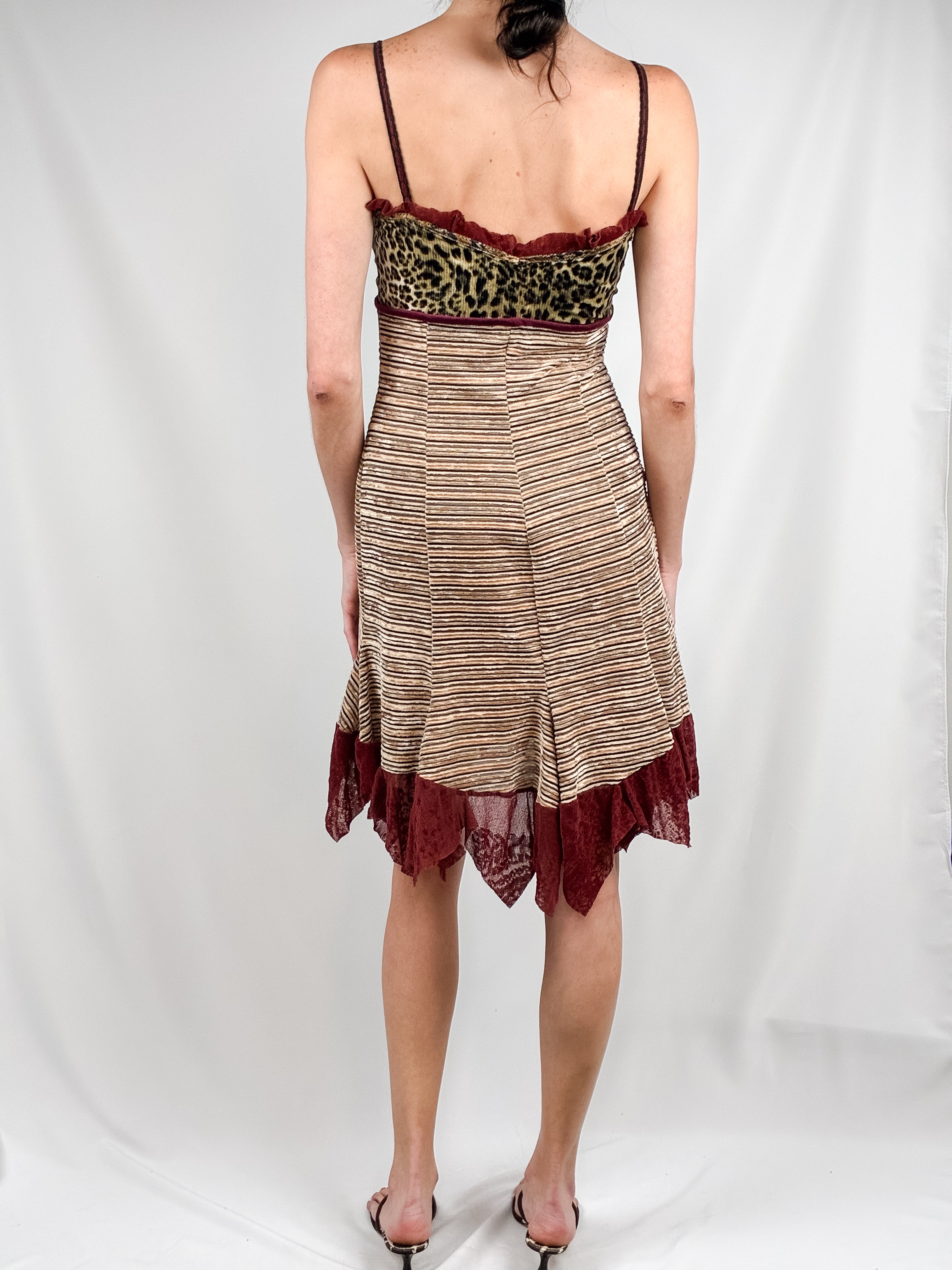 2000s Velvet Leopard and Striped Dress with Red Trim - S/M