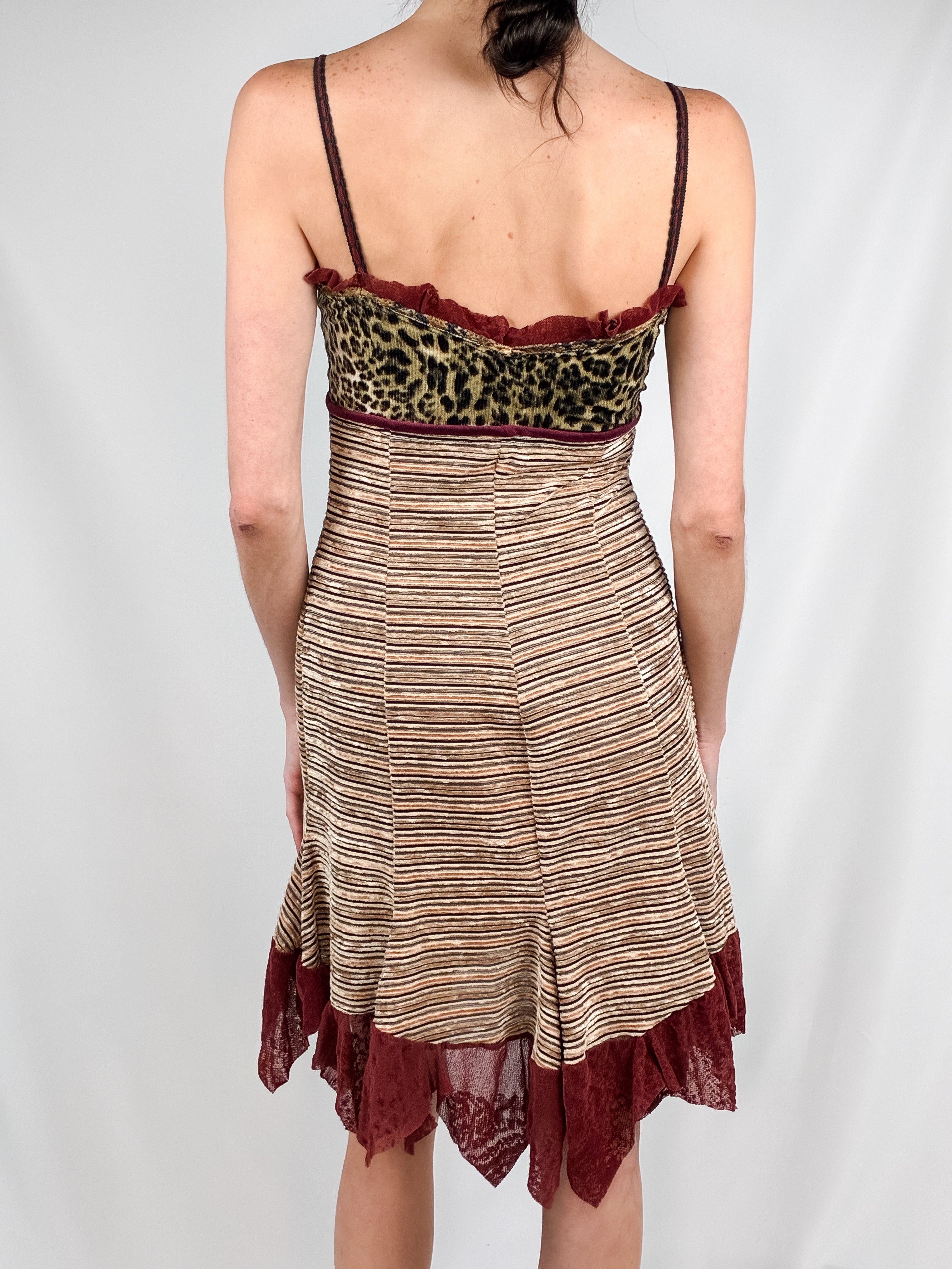 2000s Velvet Leopard and Striped Dress with Red Trim - S/M