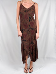 2000s Brown Abstract Beaded Bias Maxi Dress - M
