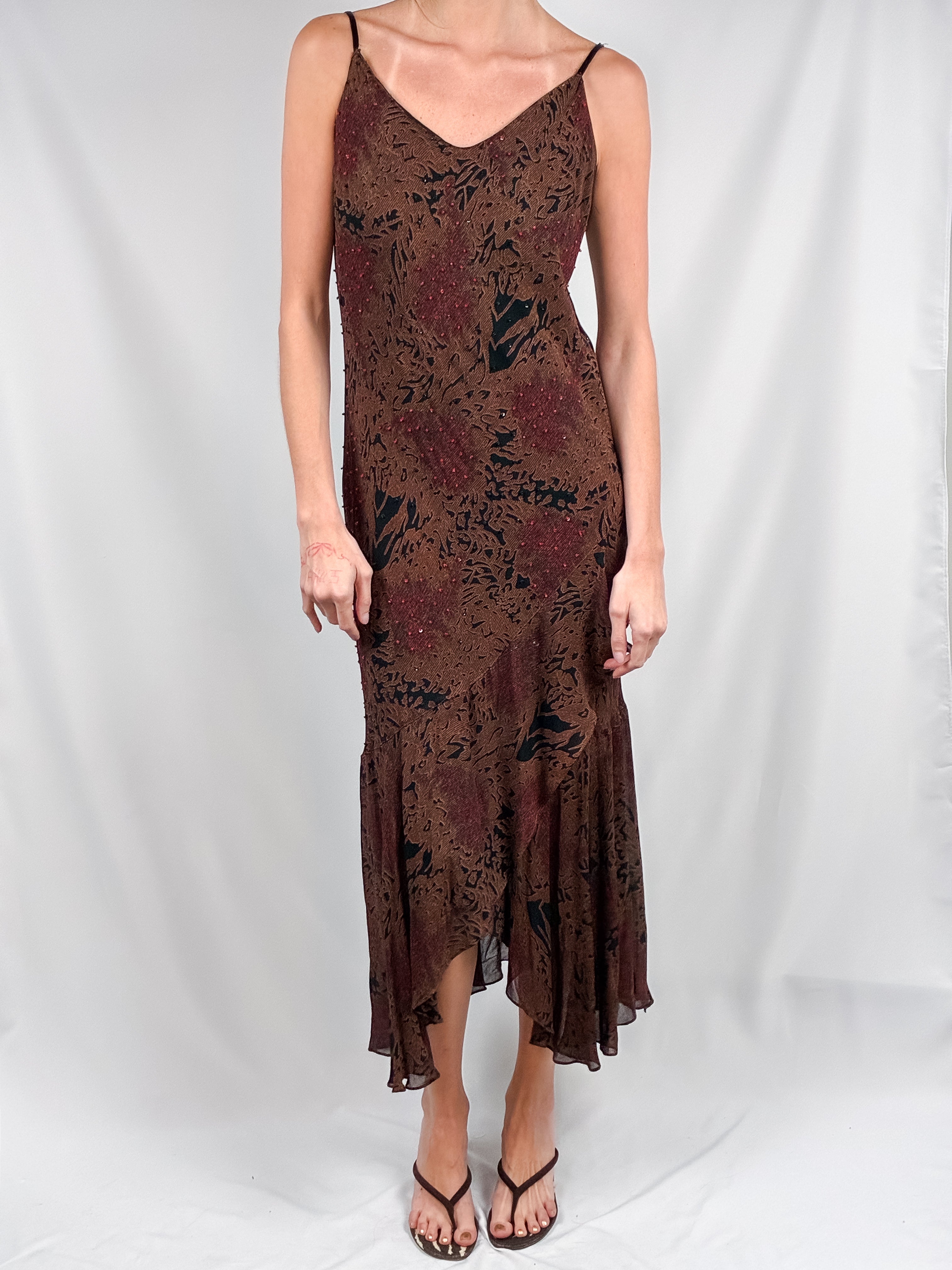 2000s Brown Abstract Beaded Bias Maxi Dress - M