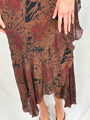 2000s Brown Abstract Beaded Bias Maxi Dress - M