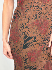 2000s Brown Abstract Beaded Bias Maxi Dress - M