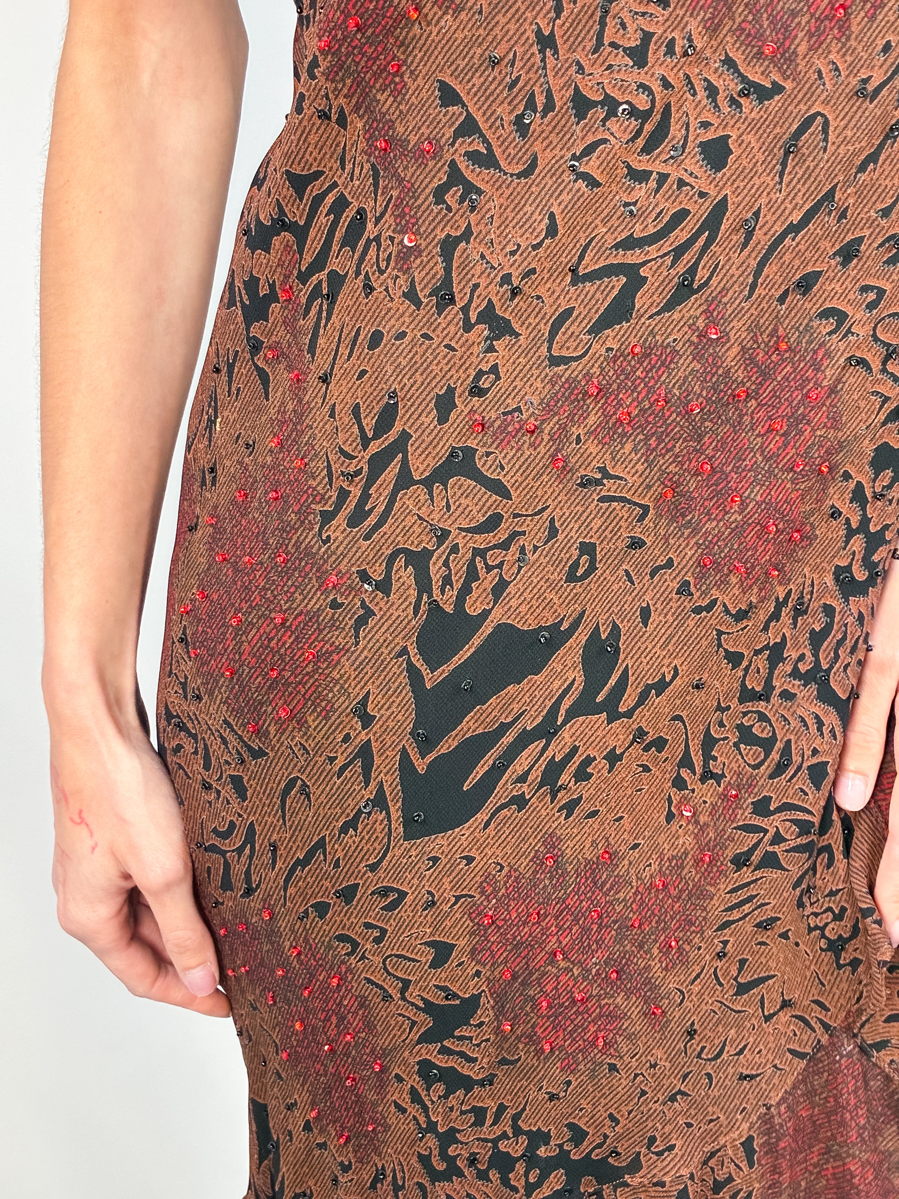 2000s Brown Abstract Beaded Bias Maxi Dress - M