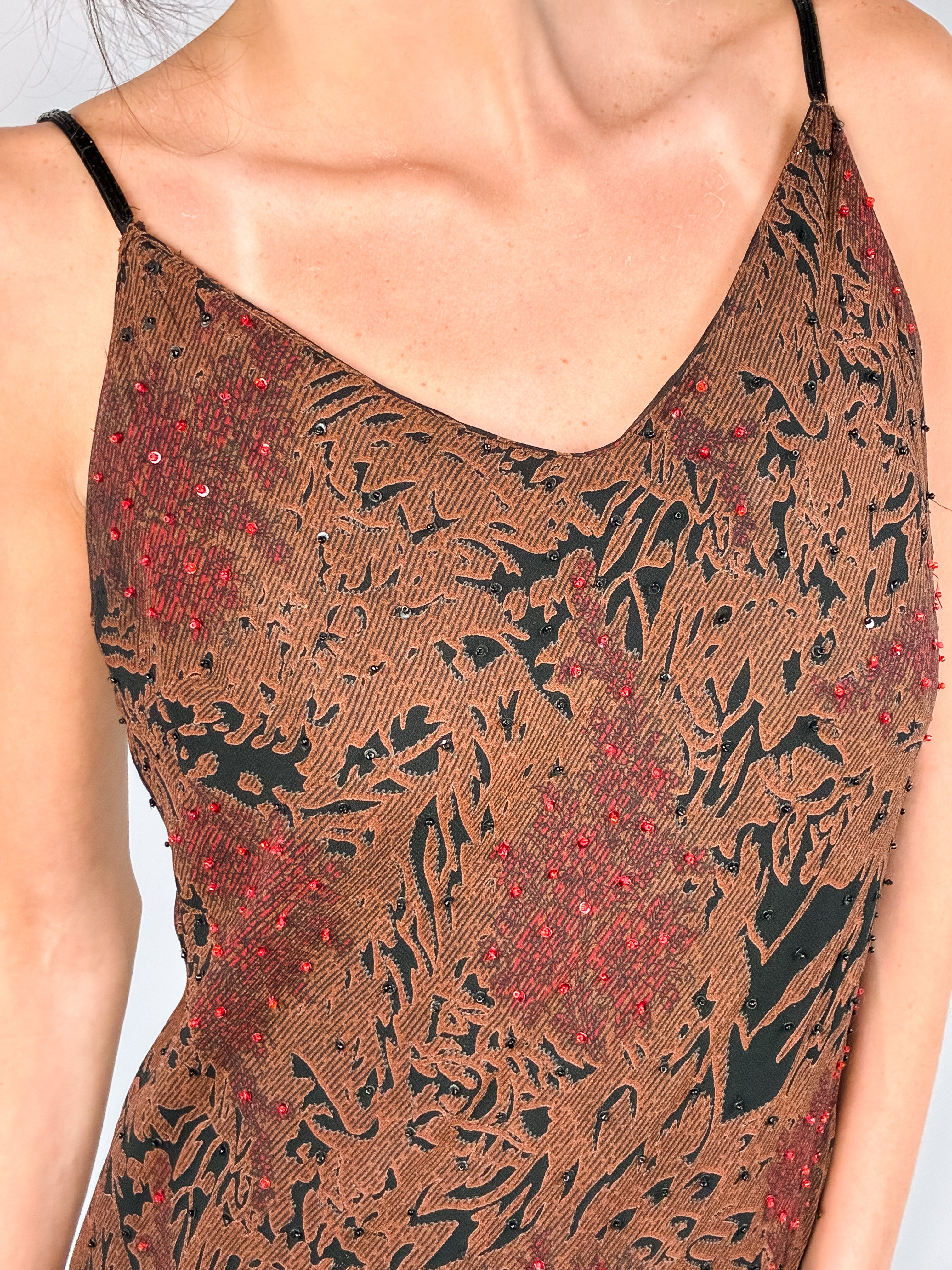 2000s Brown Abstract Beaded Bias Maxi Dress - M