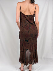 2000s Brown Abstract Beaded Bias Maxi Dress - M