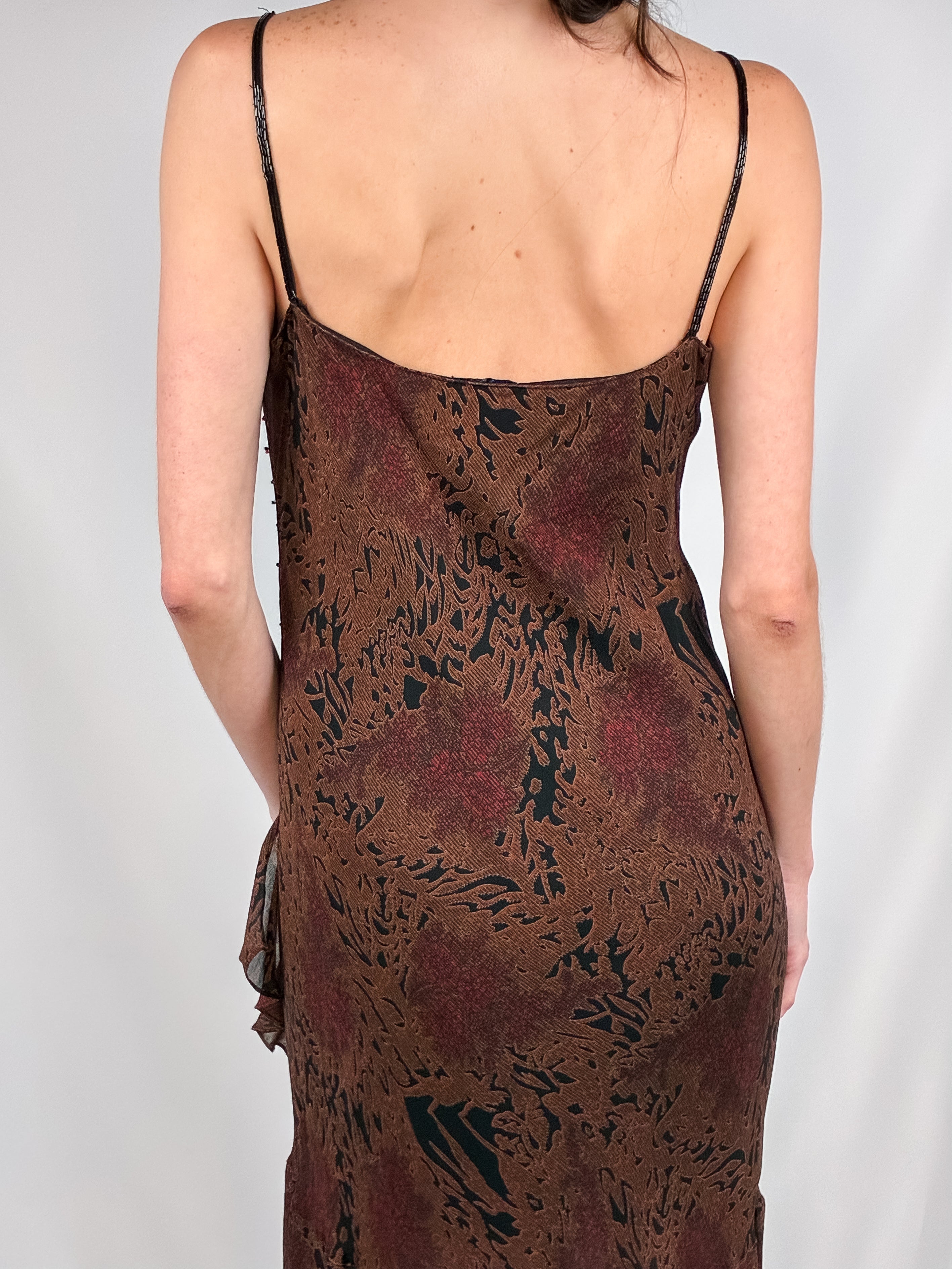 2000s Brown Abstract Beaded Bias Maxi Dress - M
