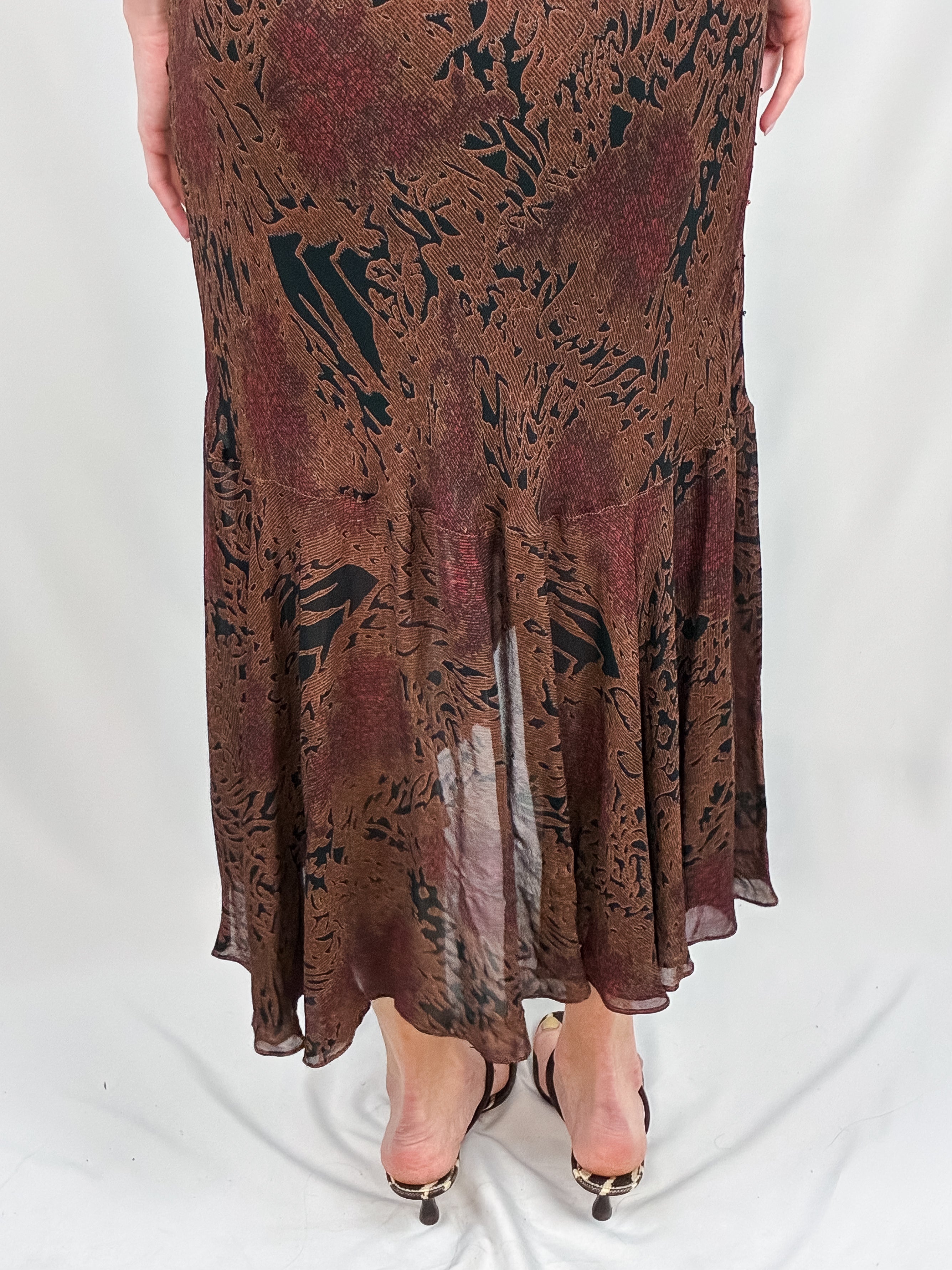 2000s Brown Abstract Beaded Bias Maxi Dress - M