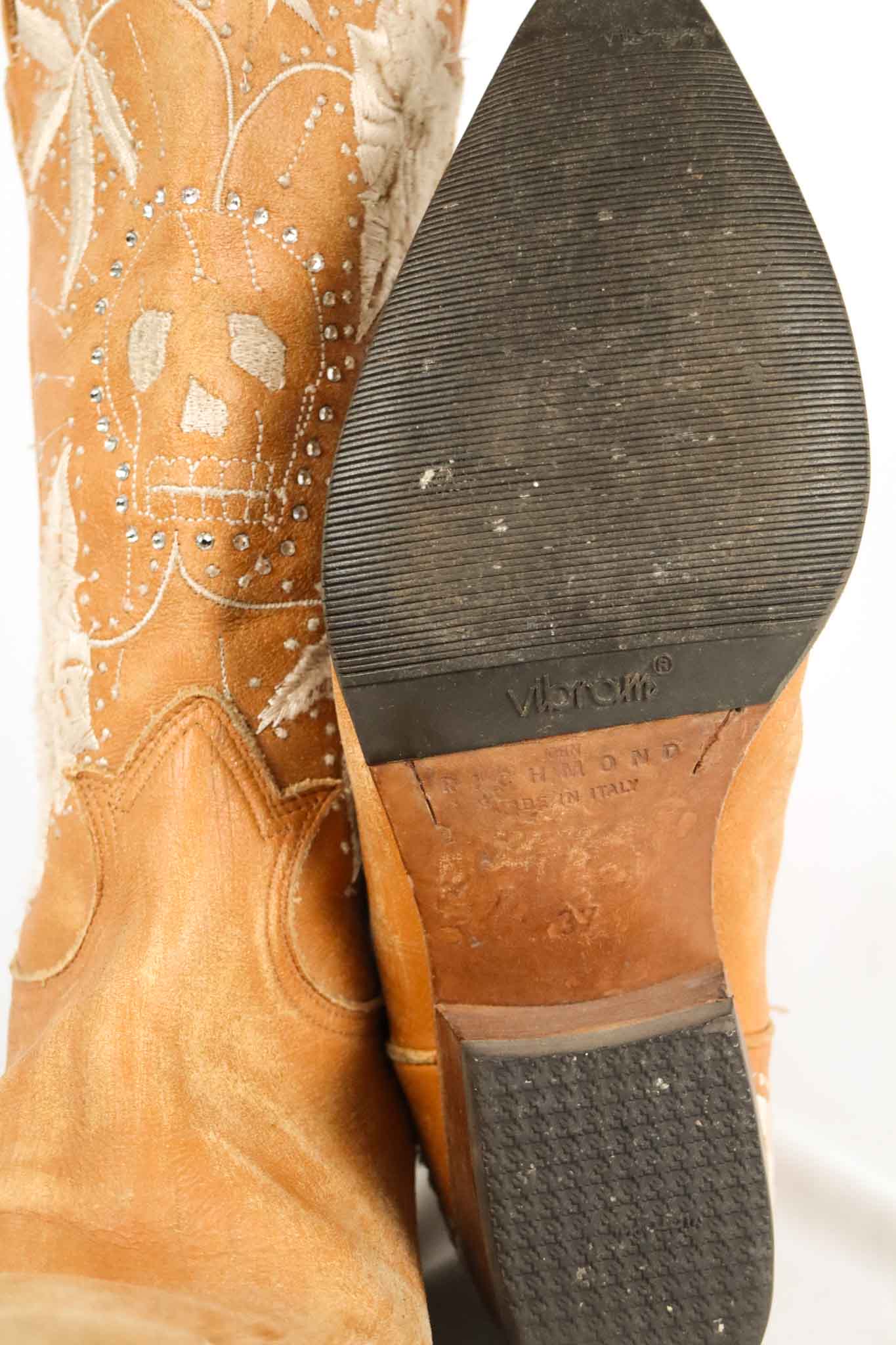 John Richmond 2000s Tan Embroidered Western Cowboy Boots - EU 37