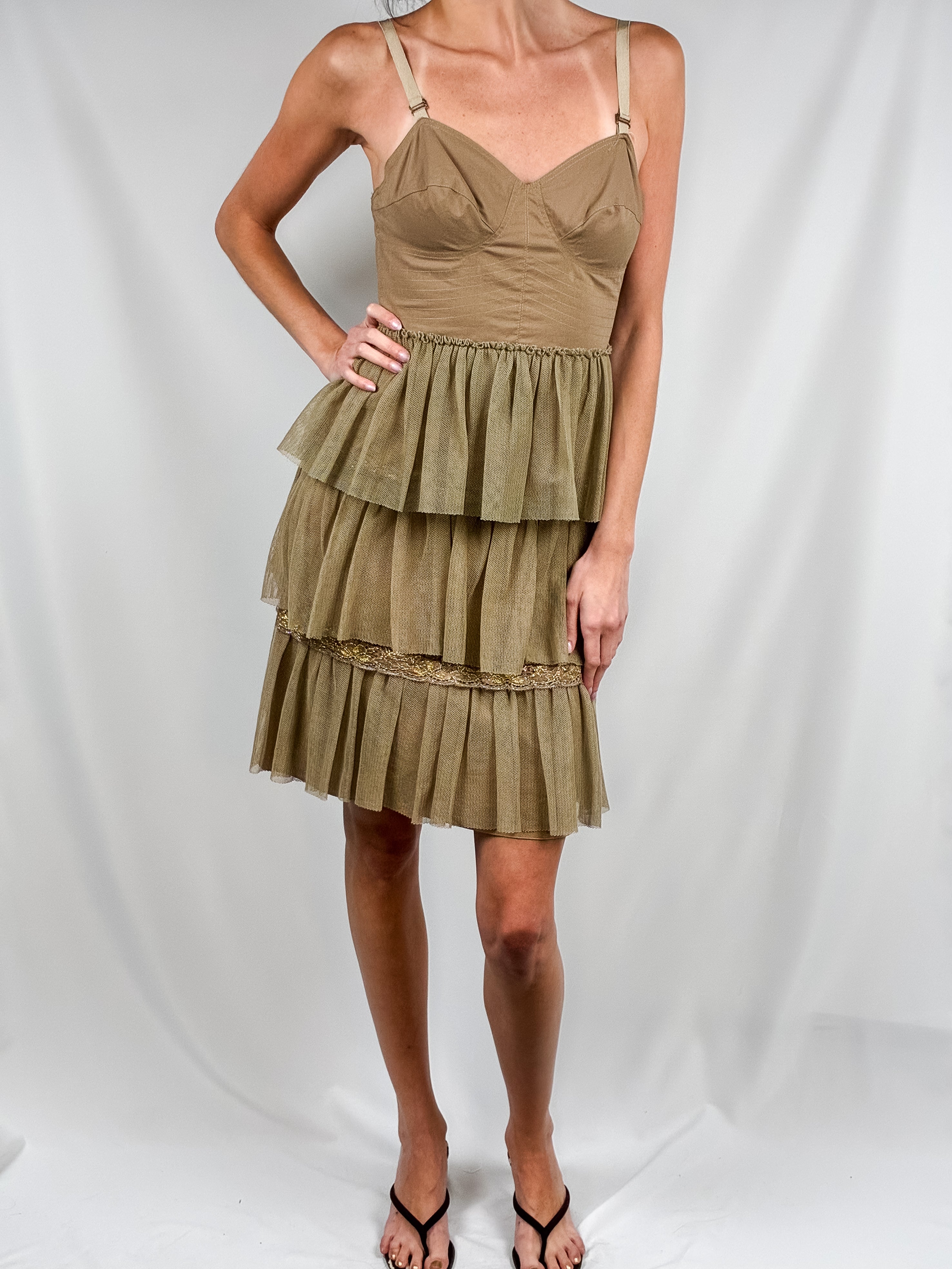 Philosophy di Alberta Ferretti Taupe Tiered Dress - S