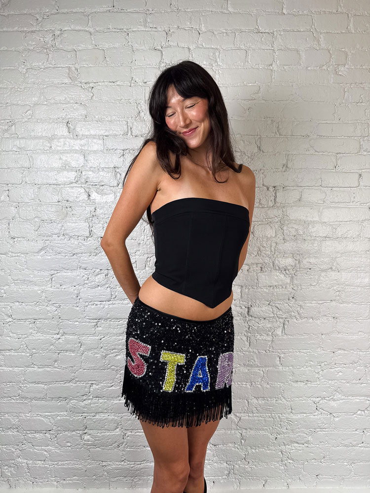 Pinko 2000s “STAR” Black Sequin Mini Skirt with Fringe